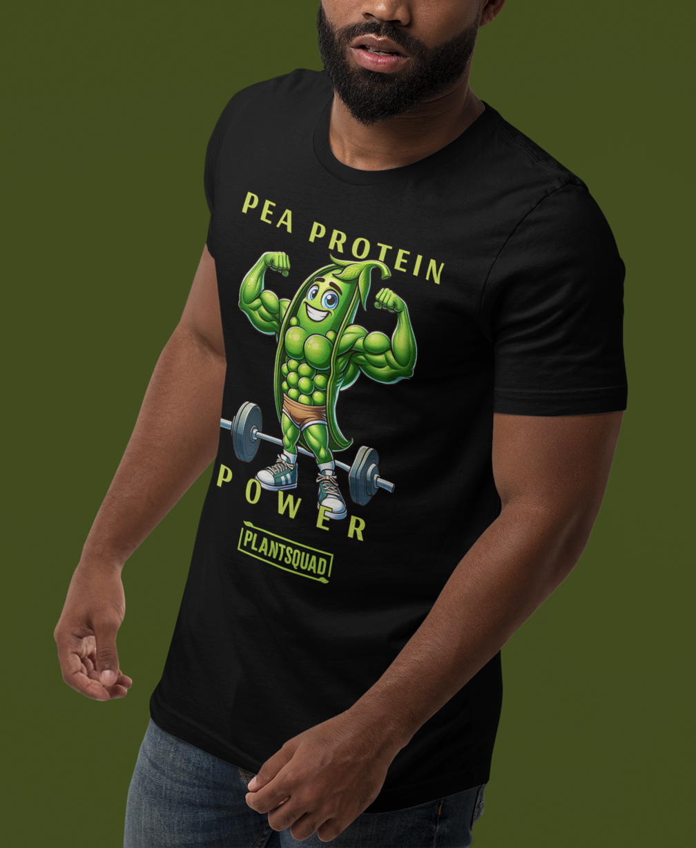 A Plantsquad Peas "Pea Protein Power" - Unisex T-Shirt featuring a cartoon image of a muscular pea pod lifting a barbell. The text above the image reads "PEA PROTEIN" and "POWER," and below it, "PLANTSQUAD." This tee captures the essence of vegan fitness and celebrates strength through a plant-based lifestyle.