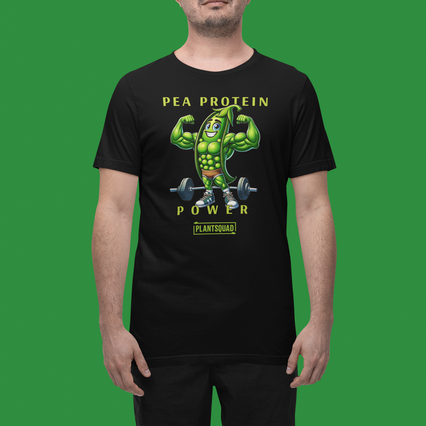 A Plantsquad Peas "Pea Protein Power" - Unisex T-Shirt featuring a cartoon image of a muscular pea pod lifting a barbell. The text above the image reads "PEA PROTEIN" and "POWER," and below it, "PLANTSQUAD." This tee captures the essence of vegan fitness and celebrates strength through a plant-based lifestyle.