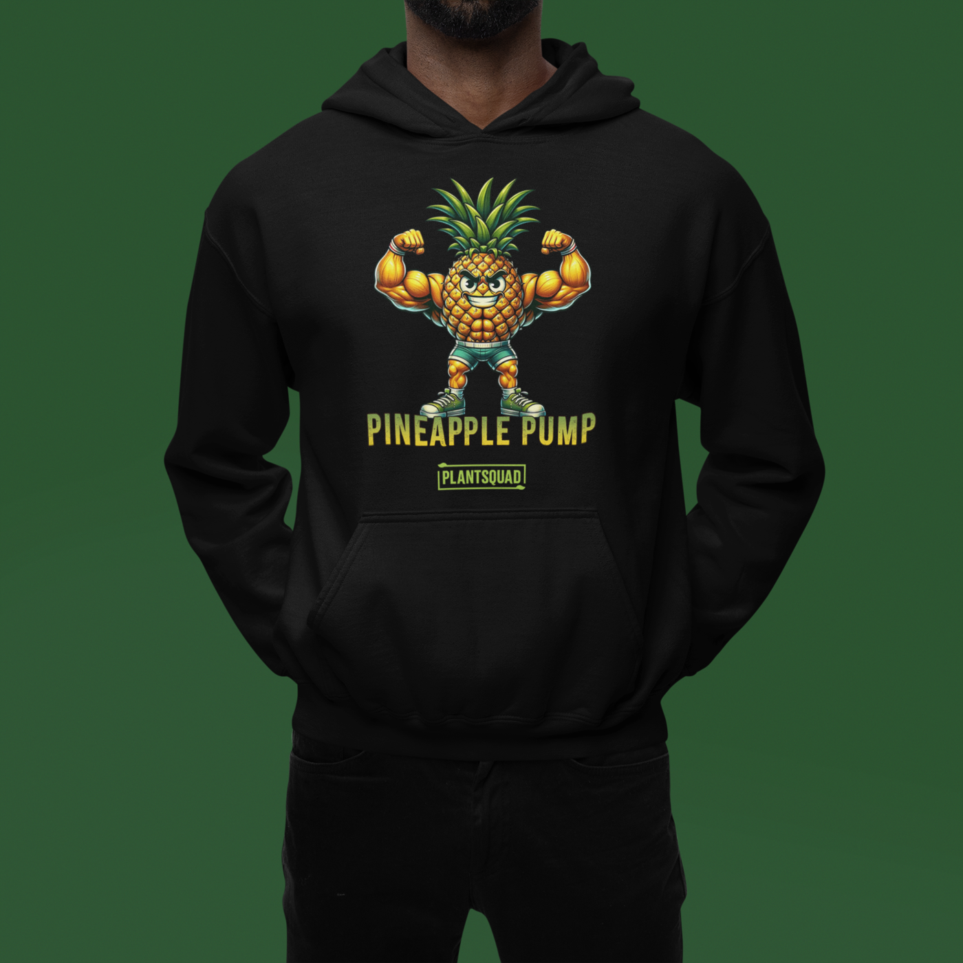 A black hooded sweatshirt features a muscular, anthropomorphic pineapple flexing its arms. Below the pineapple, the text reads "Pineapple Pump" with the brand name "PlantSquad" underneath. Perfect for gym enthusiasts embracing a vegan lifestyle, this Plantsquad Pineapple "Pineapple Pump" - Unisex Hoodie is both stylish and motivating.