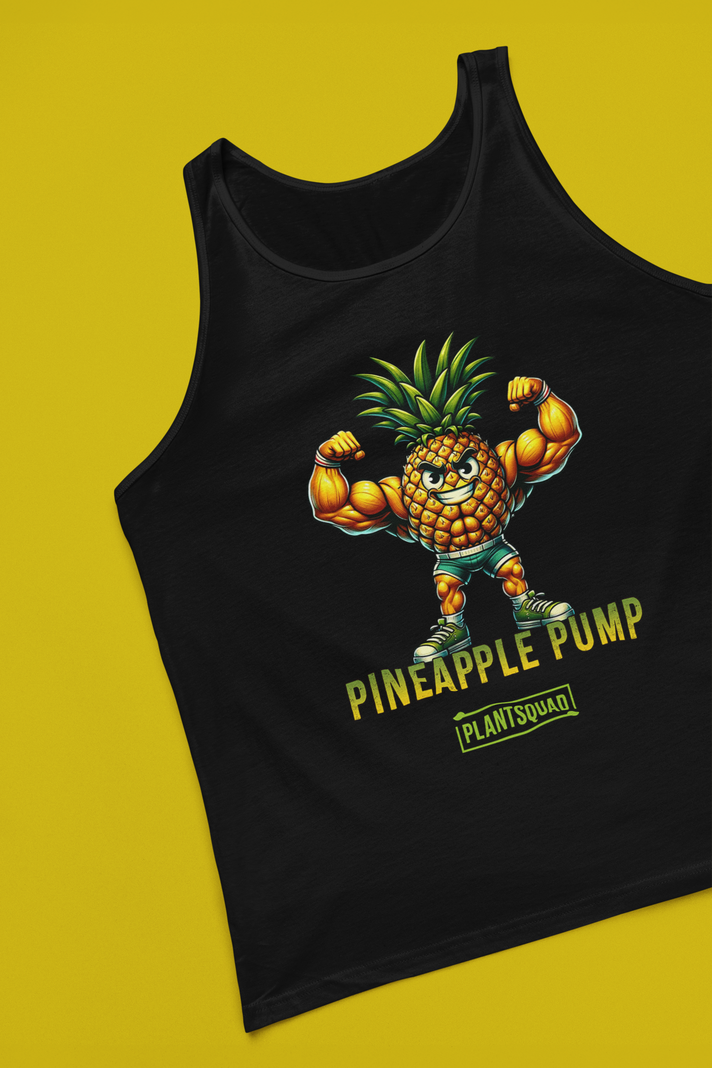 The Plantsquad Pineapple "Pineapple Pump" - Unisex Tank Top showcases a muscular cartoon pineapple flexing its muscles, with the text "Pineapple Pump" and "Plant SQUAD" printed below. Perfect for vegan gym enthusiasts, the smiling pineapple with a green leafy top embodies a plant-based lifestyle.