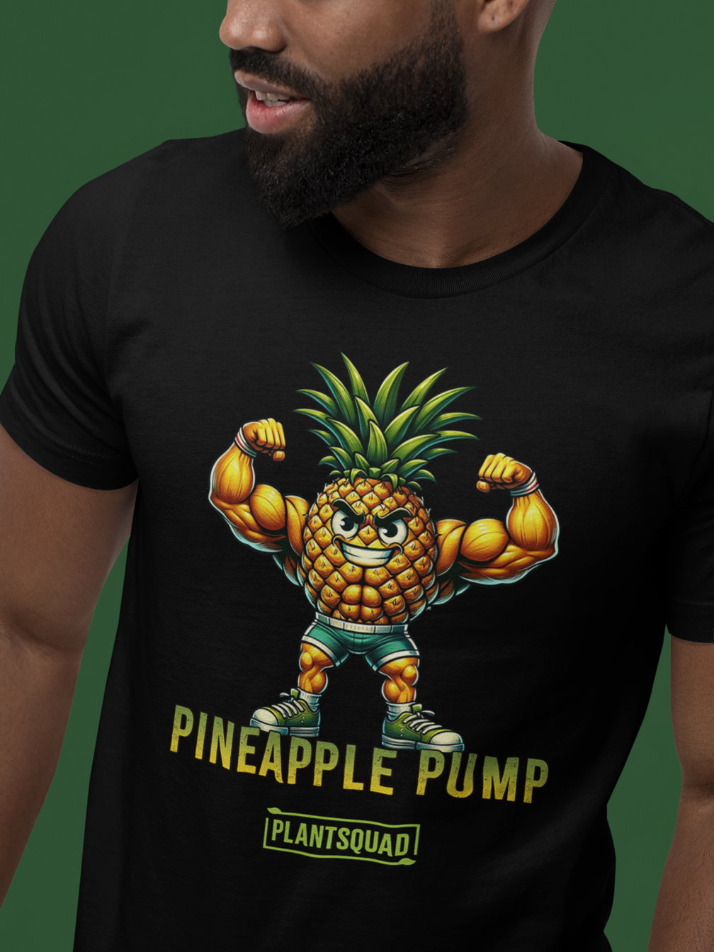 A black Plantsquad Pineapple "Pineapple Pump" - Unisex T-Shirt featuring an illustration of a muscular pineapple character flexing its biceps. Perfect for fitness enthusiasts, the text "Pineapple Pump" is written below, along with a yellow rectangular logo that says "Plantsquad," promoting a fun vegan lifestyle.