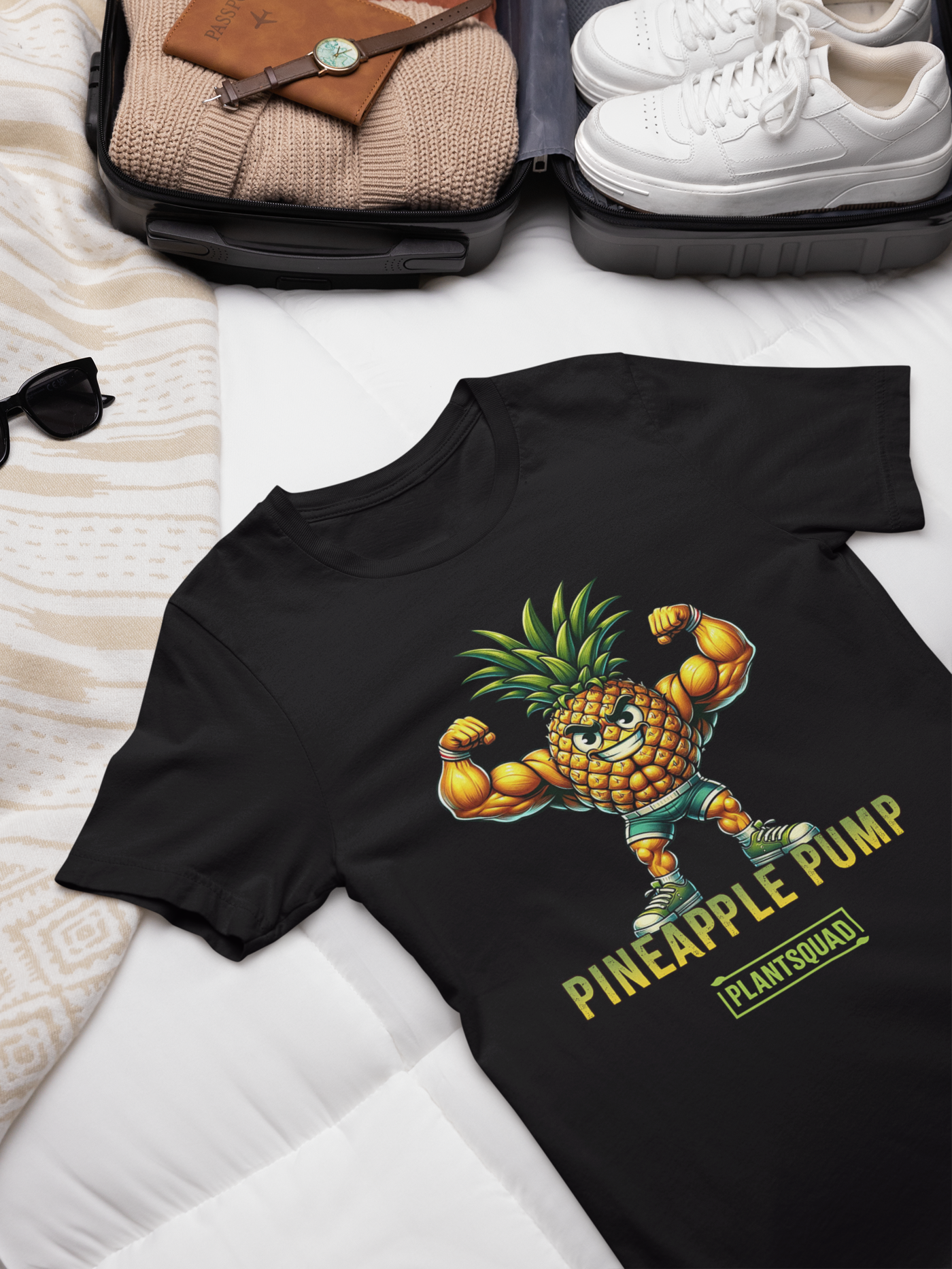 A black Plantsquad Pineapple "Pineapple Pump" - Unisex T-Shirt featuring an illustration of a muscular pineapple character flexing its biceps. Perfect for fitness enthusiasts, the text "Pineapple Pump" is written below, along with a yellow rectangular logo that says "Plantsquad," promoting a fun vegan lifestyle.