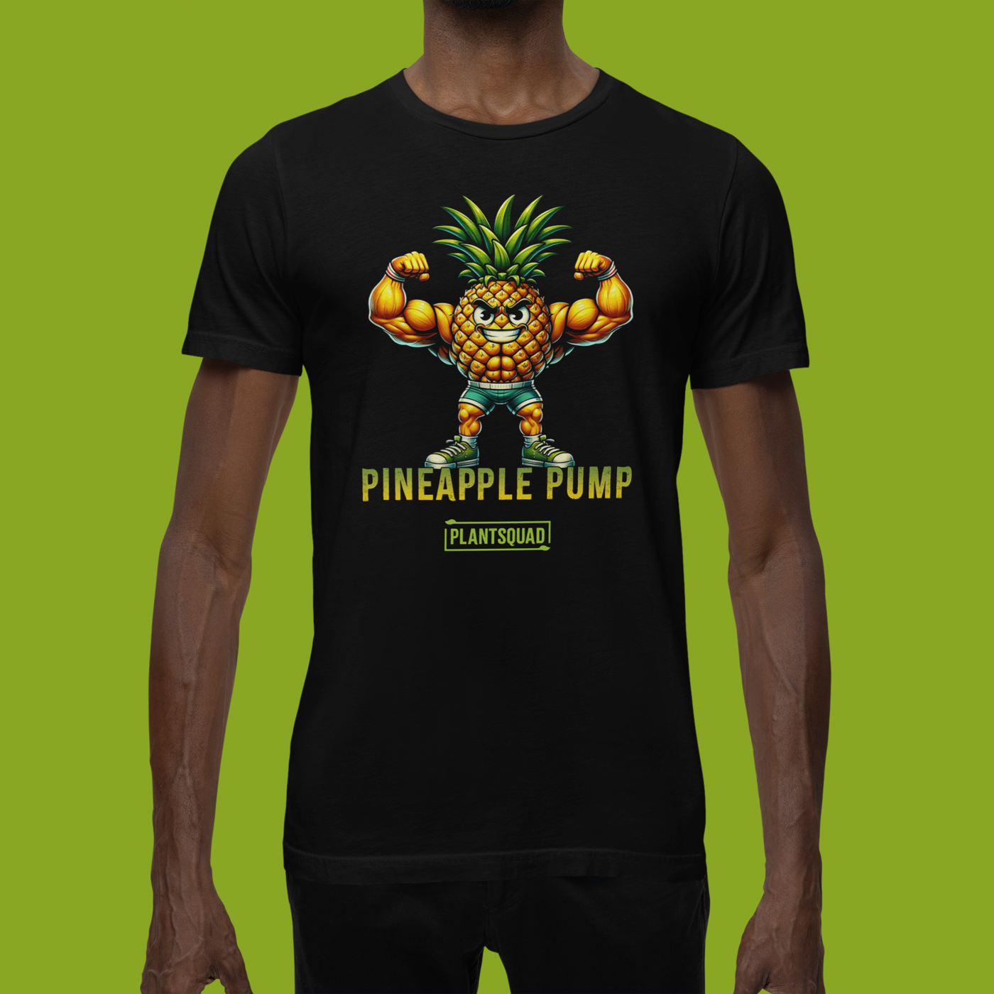 A black Plantsquad Pineapple "Pineapple Pump" - Unisex T-Shirt featuring an illustration of a muscular pineapple character flexing its biceps. Perfect for fitness enthusiasts, the text "Pineapple Pump" is written below, along with a yellow rectangular logo that says "Plantsquad," promoting a fun vegan lifestyle.