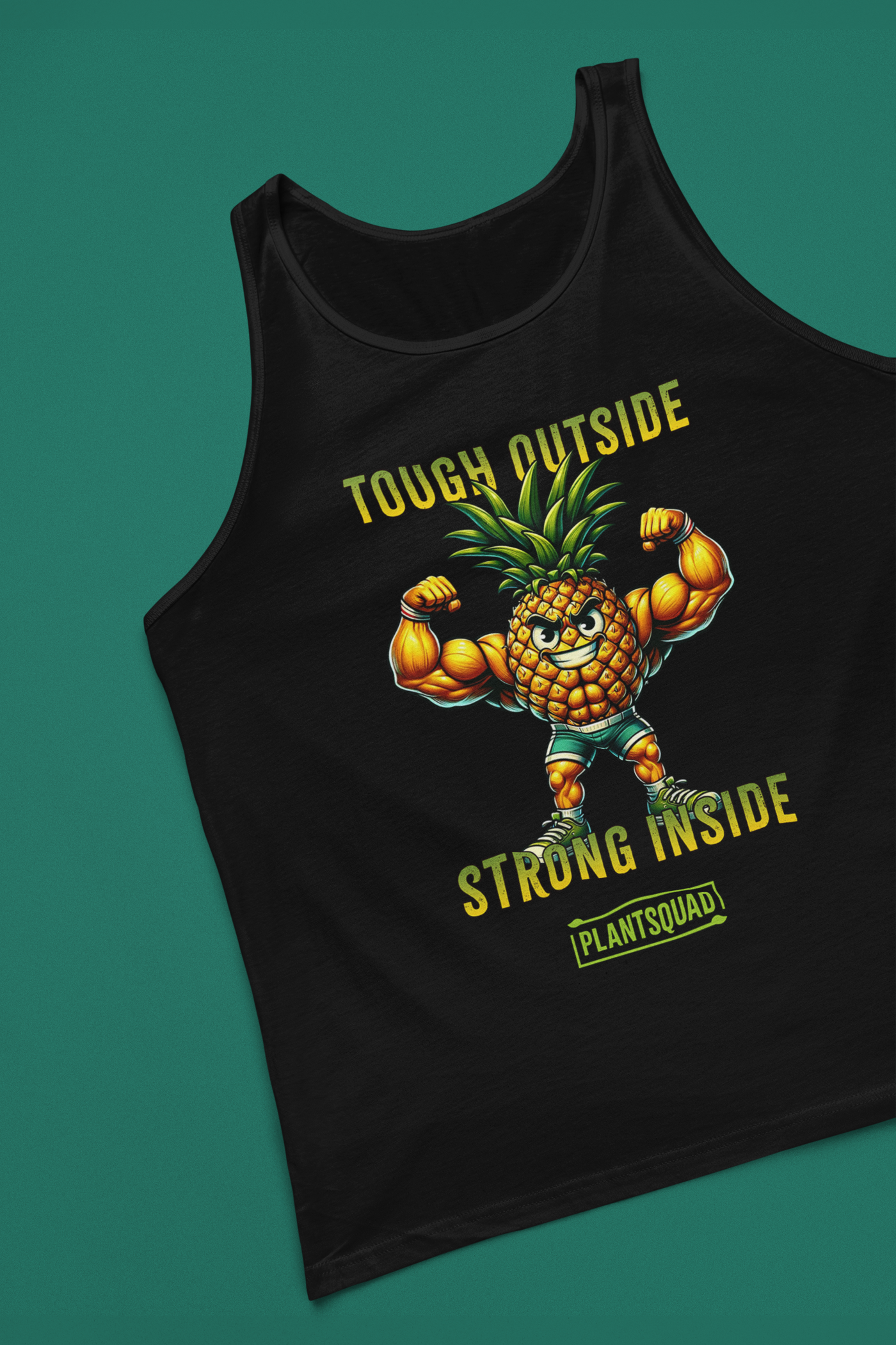 A black gym tank top features a muscular cartoon pineapple flexing its biceps and wearing a confident expression. Above the pineapple, the text reads "TOUGH OUTSIDE," and below it, "STRONG INSIDE." The bottom text says "PLANTSQUAD" enclosed within a green box. Perfect for a plant-based lifestyle! This is the Plantsquad Pineapple "Tough Outside Strong Inside" - Unisex Tank Top.