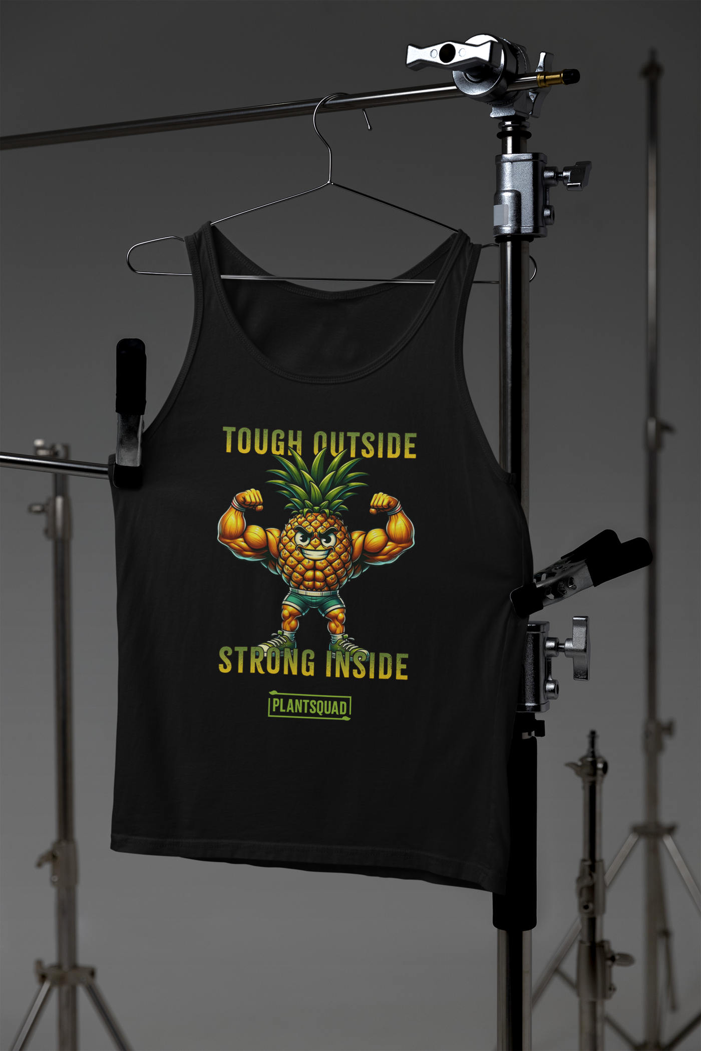 A black gym tank top features a muscular cartoon pineapple flexing its biceps and wearing a confident expression. Above the pineapple, the text reads "TOUGH OUTSIDE," and below it, "STRONG INSIDE." The bottom text says "PLANTSQUAD" enclosed within a green box. Perfect for a plant-based lifestyle! This is the Plantsquad Pineapple "Tough Outside Strong Inside" - Unisex Tank Top.