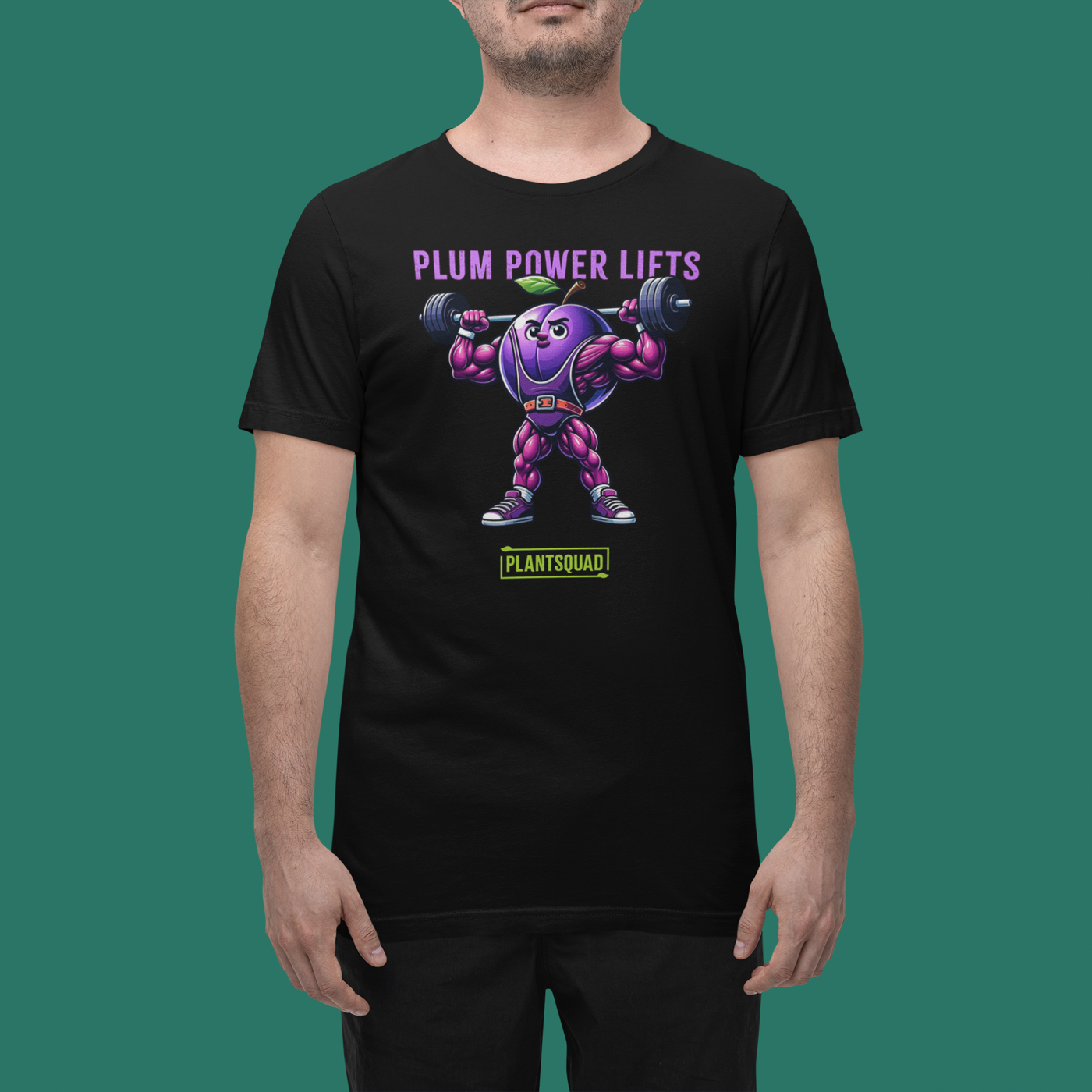 Plantsquad Plum "Plum Power Lifts" - Unisex T-Shirt featuring a cartoon plum with muscular arms and legs lifting a barbell. The text above the image reads "Plum Power Lifts" and below it, there's a logo with "PLANTSQUAD." Perfect for fitness enthusiasts embracing a vegan lifestyle, the plum character is depicted in a vibrant, exaggerated style.