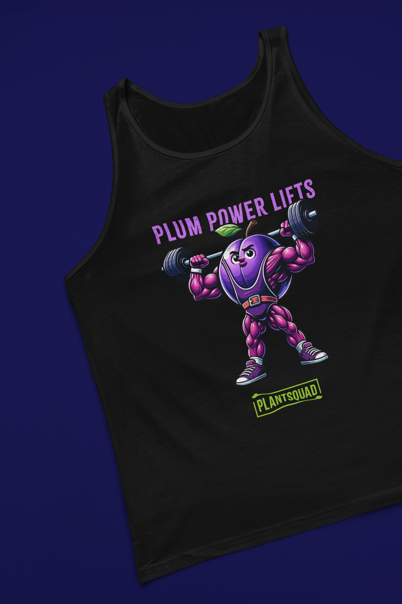 A black Plantsquad Plum "Plum Power Lifts" - Unisex Tank Top featuring a muscular cartoon plum lifting barbells. The text "PLUM POWER LIFTS" is displayed above the plum, and "PLANTSQUAD" is written at the bottom in green and white. Perfect for gym enthusiasts embracing a vegan lifestyle.