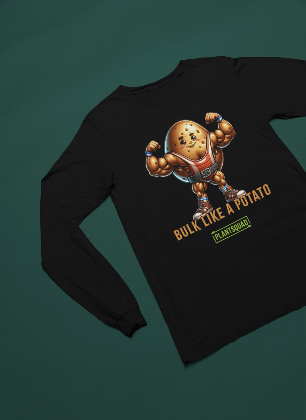 A Plantsquad Potato "Bulk Like A Potato" - Unisex Hoodie featuring a muscular cartoon potato with flexed arms. The text below the potato reads "BULK LIKE A POTATO" and "PLANTSQUAD," making it the perfect apparel for fitness enthusiasts who embrace a vegan lifestyle.