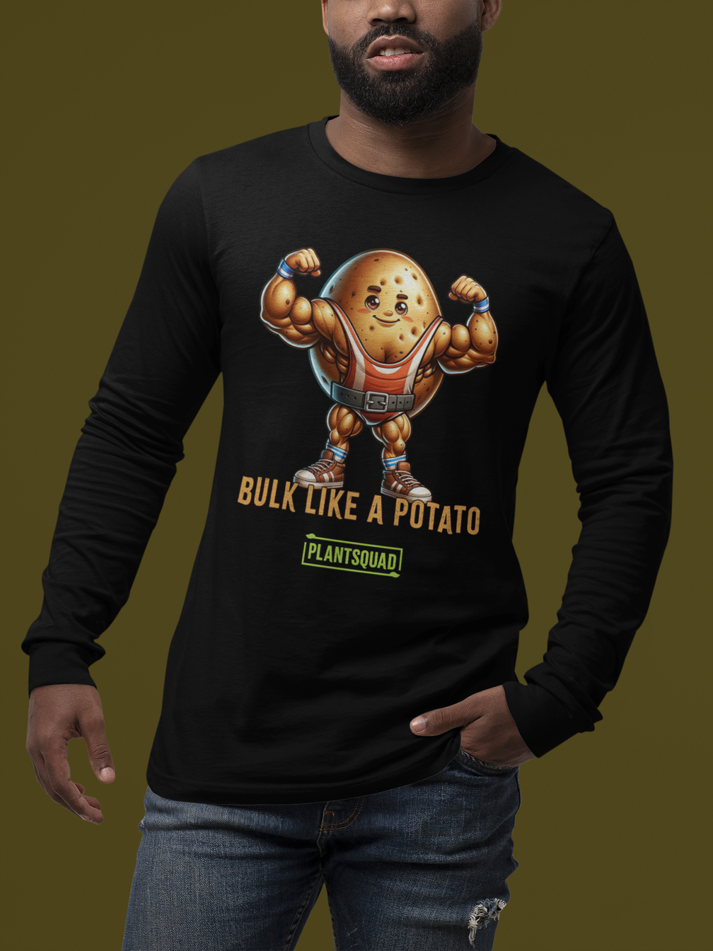 A Plantsquad Potato "Bulk Like A Potato" - Unisex Hoodie featuring a muscular cartoon potato with flexed arms. The text below the potato reads "BULK LIKE A POTATO" and "PLANTSQUAD," making it the perfect apparel for fitness enthusiasts who embrace a vegan lifestyle.