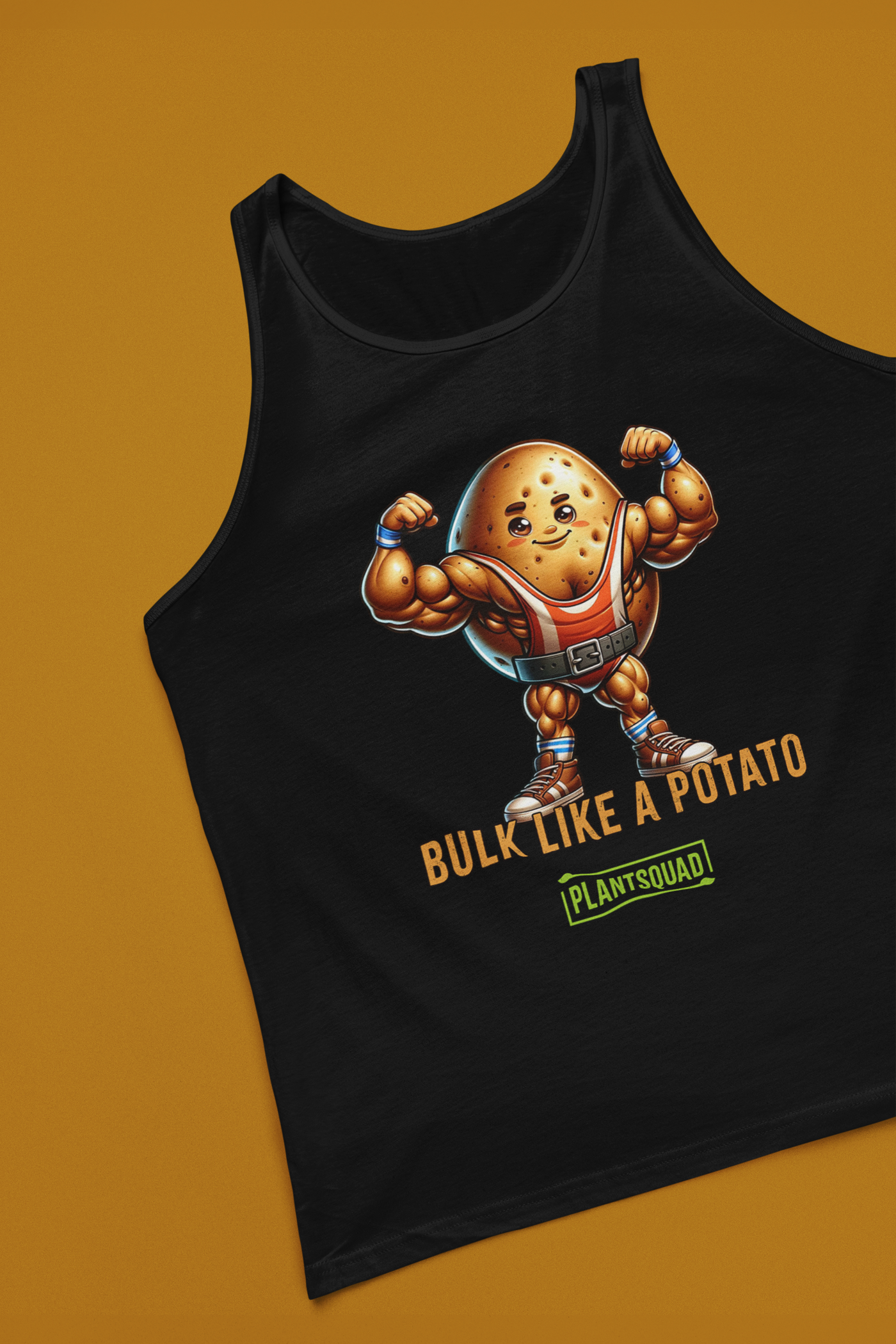 A black gym tank top features a muscular, cartoon potato lifting weights. The text below the potato reads, "BULK LIKE A POTATO," and underneath, "PLANTSQUAD" is written in green. This Plantsquad Potato "Bulk Like A Potato" - Unisex Tank Top is perfect for plant-based fitness enthusiasts.