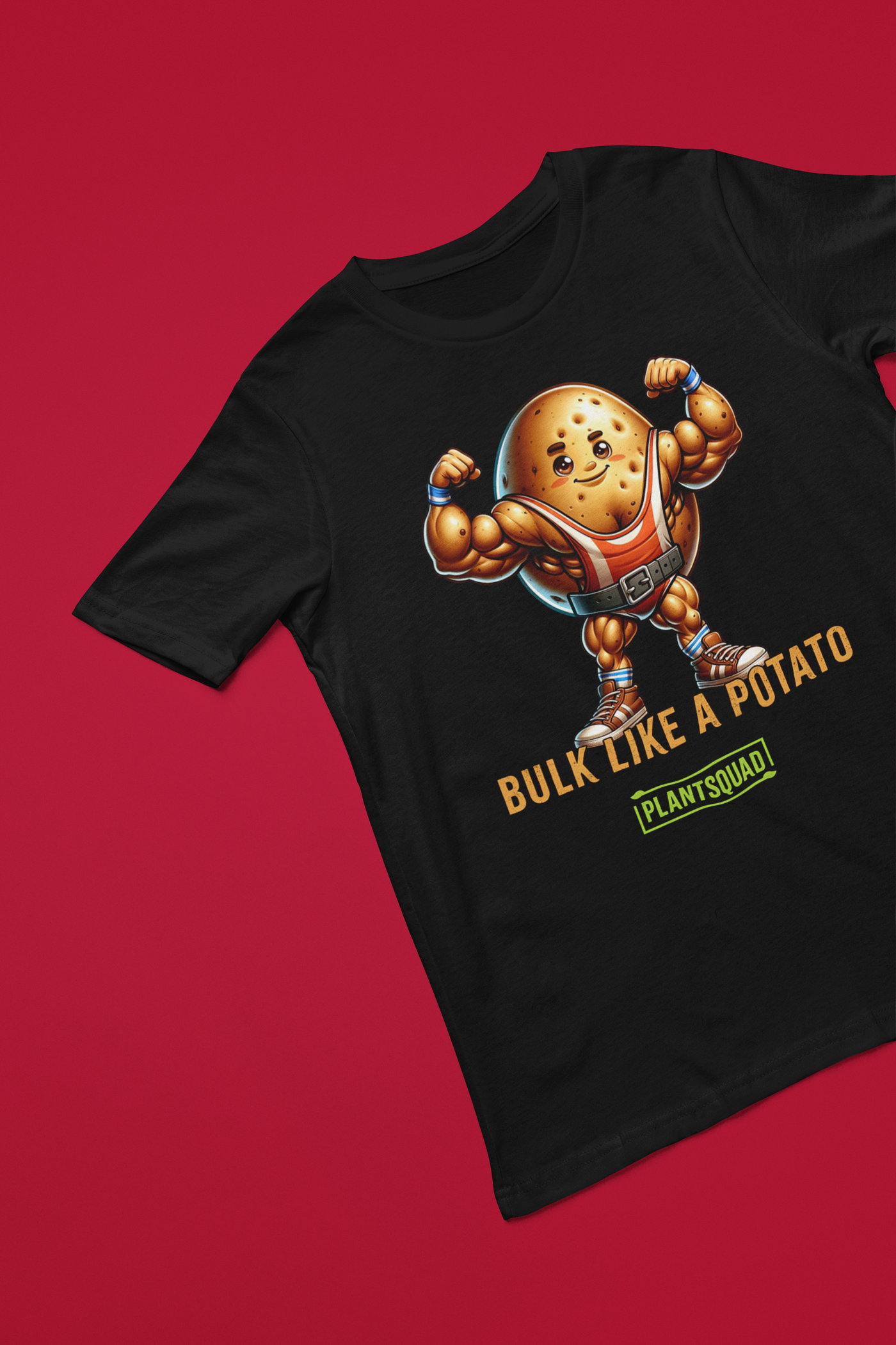 A black Plantsquad Potato "Bulk Like A Potato" - Unisex T-Shirt featuring a cartoon image of a muscular potato flexing its arms with a determined expression. Below the weight-lifting potato, the text reads "BULK LIKE A POTATO" in bold letters. The word "PLANTSQUAD" is also displayed towards the bottom in a green box, promoting a vegan lifestyle.