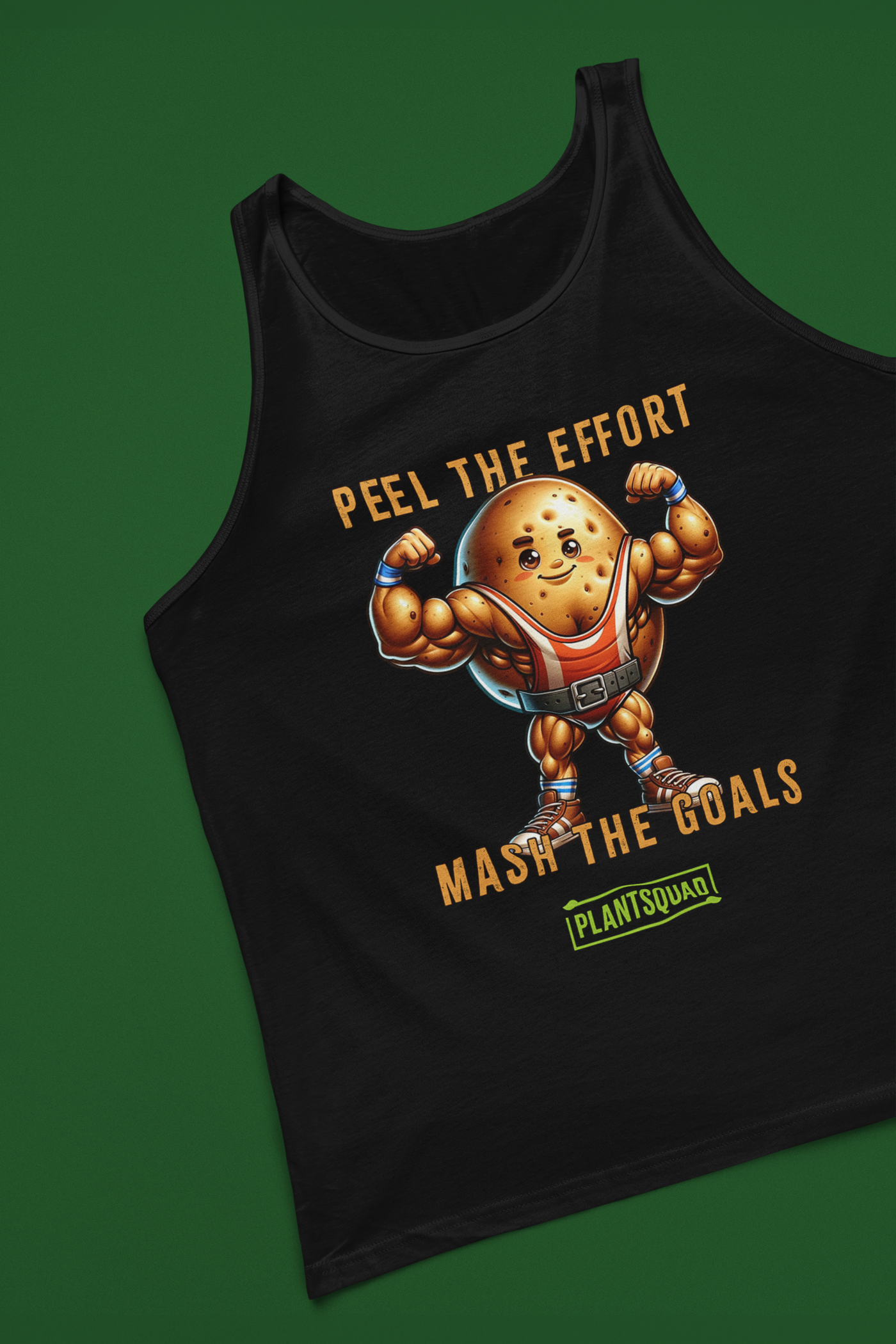 A Plantsquad Potato "Peel The Effort Mash The Goals" - Unisex Tank Top with a graphic of a muscly potato cartoon sporting muscular arms, wearing a belt, and flexing. Text reads "Peel the Effort" above and "Mash the Goals" below. A small "PlantSquad" logo is at the bottom. Perfect as plant-based gym apparel for your vegan workout routine.