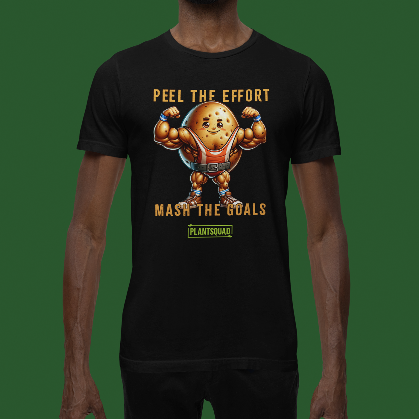 A black T-shirt featuring an illustration of a muscular potato flexing its arms. Above the potato, text reads "PEEL THE EFFORT." Below, text reads "MASH THE GOALS." Perfect for fitness enthusiasts, this vegan T-shirt showcases a small green rectangular logo at the bottom that says "PLANTSQUAD. The product name is Plantsquad Potato  "Peel The Effort Mash The Goals" - Unisex T-Shirt.