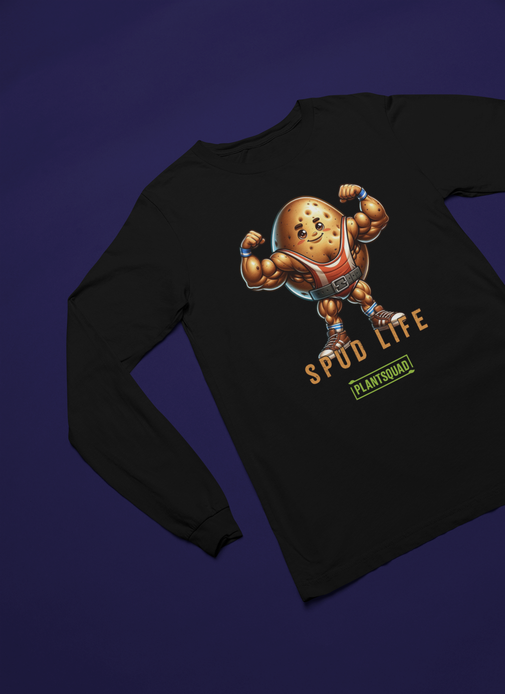 Plantsquad Potato "Spud Life" - Unisex Long Sleeve T-Shirt featuring a muscly potato cartoon flexing its arms and smiling. Perfect for fitness enthusiasts, the text below the character reads "Spud Life" in bold, orange letters and "Plant Squad" in a green box, celebrating the vegan lifestyle.