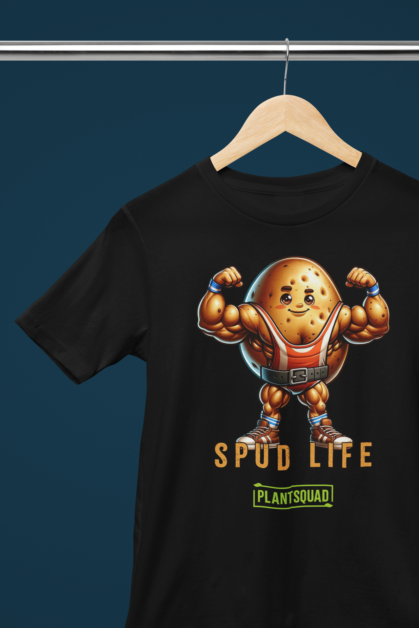 Plantsquad Potato "Spud Life" - Unisex T-Shirt: Black t-shirt featuring a muscular potato character flexing its arms, with the text "SPUD LIFE" above and "PLANTSQUAD" below. Perfect vegan t-shirt for those embracing a plant-based lifestyle and looking for unique workout apparel.