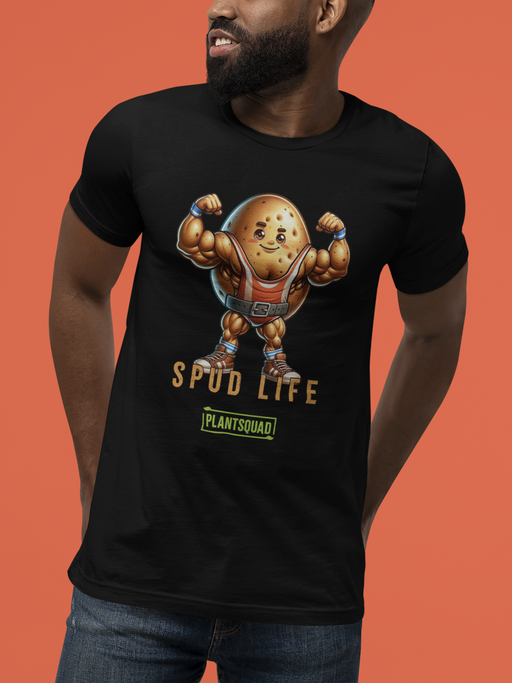 Plantsquad Potato "Spud Life" - Unisex T-Shirt: Black t-shirt featuring a muscular potato character flexing its arms, with the text "SPUD LIFE" above and "PLANTSQUAD" below. Perfect vegan t-shirt for those embracing a plant-based lifestyle and looking for unique workout apparel.