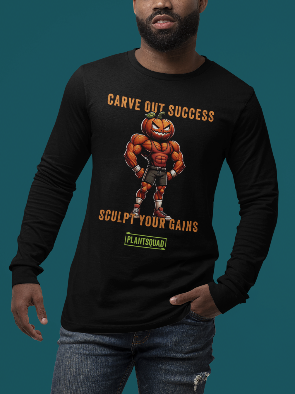 The Plantsquad Pumpkin "Carve Out Your Success Sculpt Your Gains" - Unisex Long Sleeve T-Shirt features an illustration of a muscly pumpkin cartoon figure in fitness attire. The text on the shirt reads, "Carve Out Success, Sculpt Your Gains," with "Plant based lifestyle" below the figure.