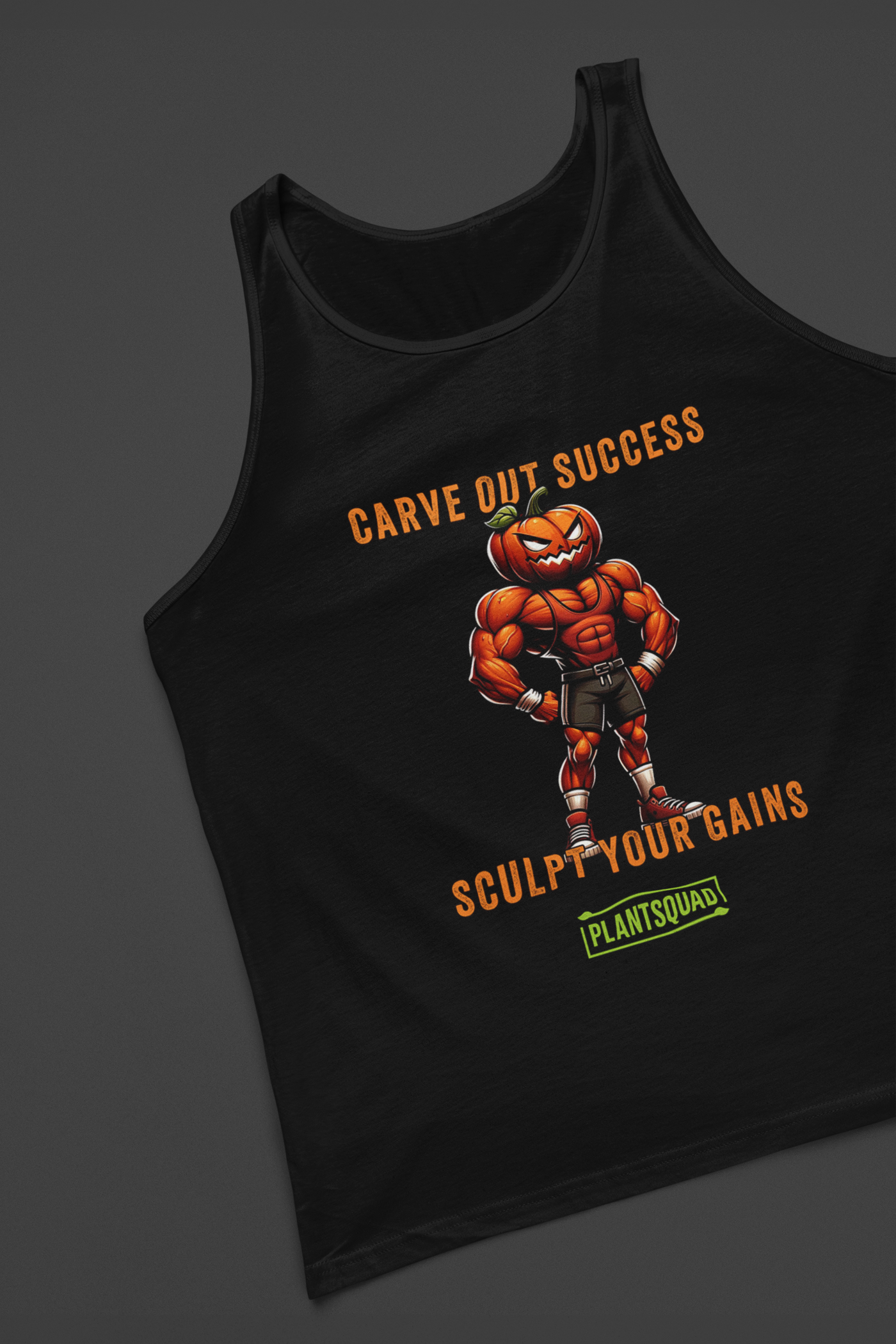 The Plantsquad Pumpkin "Carve Out Your Success Sculpt Your Gains" - Unisex Tank Top is a black vegan tank top featuring a muscular, anthropomorphic pumpkin lifting weights. Above the pumpkin, text reads "Carve Out Success." Below, text reads "Sculpt Your Gains." At the bottom is a green rectangular logo with the inscription "Plantsquad." Perfect for your next workout session.