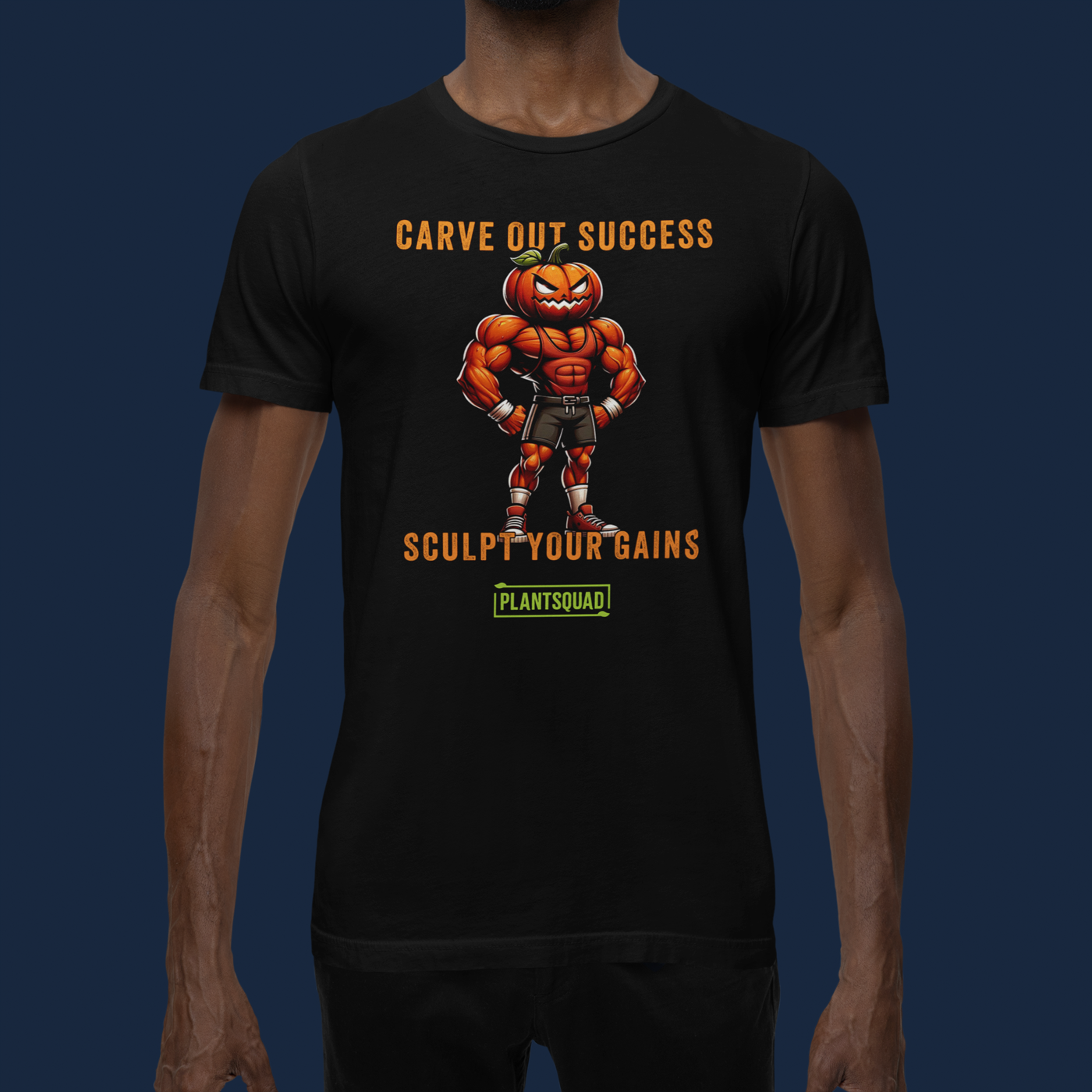 Plantsquad Pumpkin "Carve Out Your Success Sculpt Your Gains" - Unisex T-Shirt featuring a muscular pumpkin-headed character in gym attire. The text above the character says "CARVE OUT SUCCESS," and below reads "SCULPT YOUR GAINS." Perfect for fitness enthusiasts and those embracing a plant-based lifestyle, the bottom text says "PLANTSQUAD" in a green box.