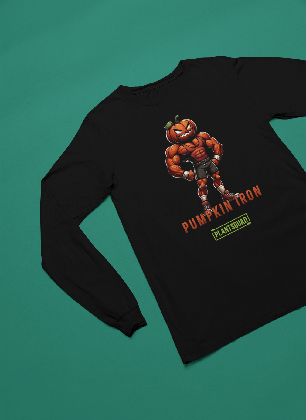 A black long-sleeve shirt features a muscly pumpkin cartoon character with a pumpkin head, wearing shorts and sneakers. The confident figure stands with fists on hips, perfect for fitness enthusiasts. The text "Plantsquad Pumpkin 'Pumpkin Iron' - Unisex Long Sleeve T-Shirt" is written below the character, followed by "PLANTSQUAD" in a green box.