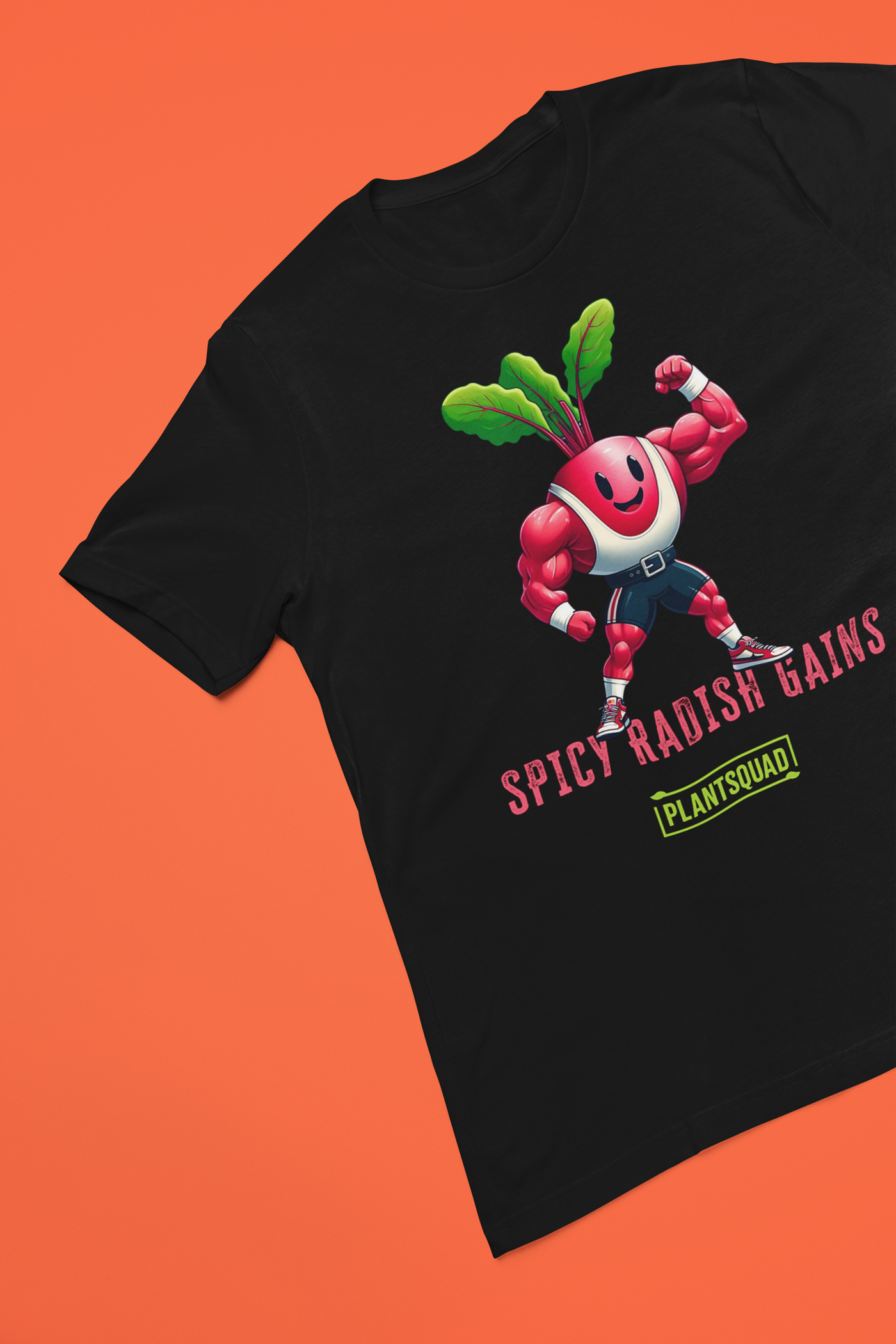 A Plantsquad Radish "Spicy Radish Gains" - Unisex T-Shirt features a muscular radish character with a smiling face and green leaves on its head, flexing its muscles. Below the character, the text reads "SPICY RADISH GAINS." The logo for "PLANTSQUAD" is displayed underneath the text, making it a perfect vegan fitness shirt.