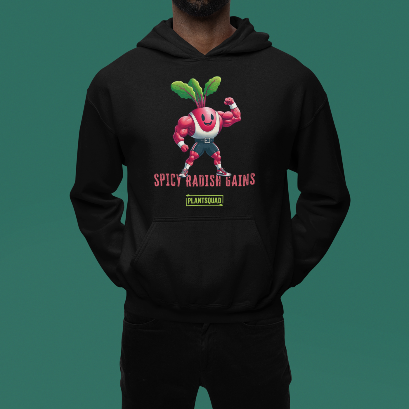 A Plantsquad Radish "Spicy Radish Gains" - Unisex Hoodie made of cozy fabric displays a cartoon radish character with muscular arms, flexing one arm. The radish has a smiling face and green leaves on top. Below it, the text reads "SPICY RADISH GAINS" in bold red letters, with a green banner reading "PLANTSQUAD" underneath—a perfect fit for the vegan lifestyle and weight lifting enthusiasts.