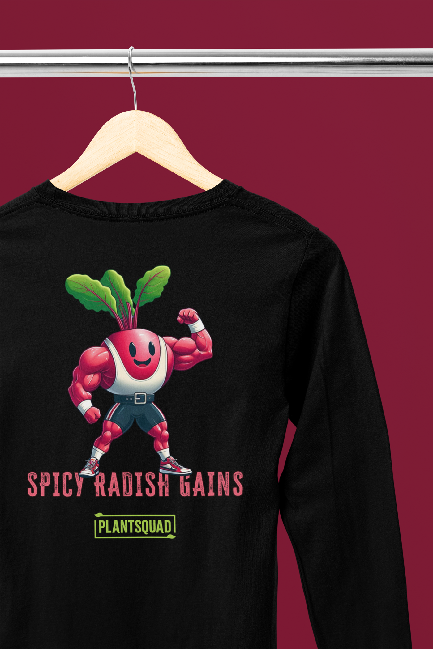 Plantsquad Radish "Spicy Radish Gains" - Unisex Long Sleeve T-Shirt featuring a cartoon image of a muscular, flexing radish in blue shorts and a white belt. Text below the image reads "SPICY RADISH GAINS" in red, with "PLANTSQUAD" in green beneath it. Perfect for fitness enthusiasts embracing a vegan lifestyle.
