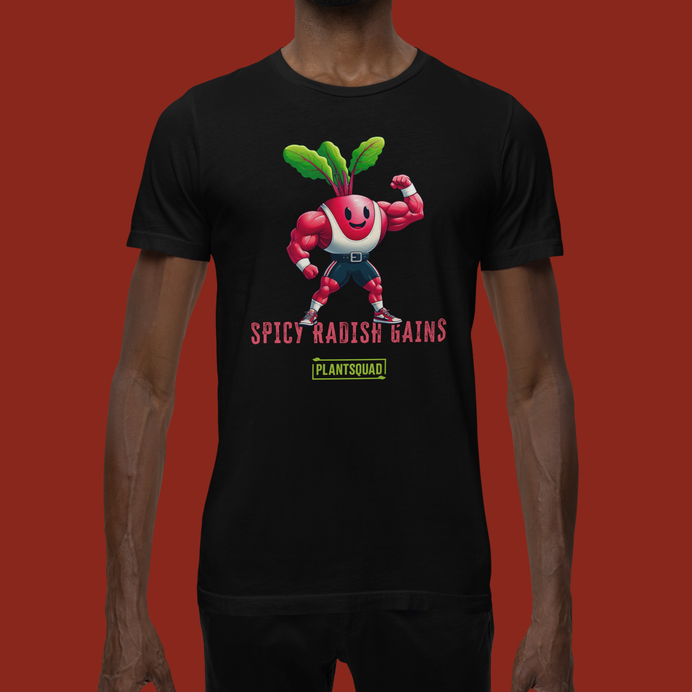 A Plantsquad Radish "Spicy Radish Gains" - Unisex T-Shirt features a muscular radish character with a smiling face and green leaves on its head, flexing its muscles. Below the character, the text reads "SPICY RADISH GAINS." The logo for "PLANTSQUAD" is displayed underneath the text, making it a perfect vegan fitness shirt.