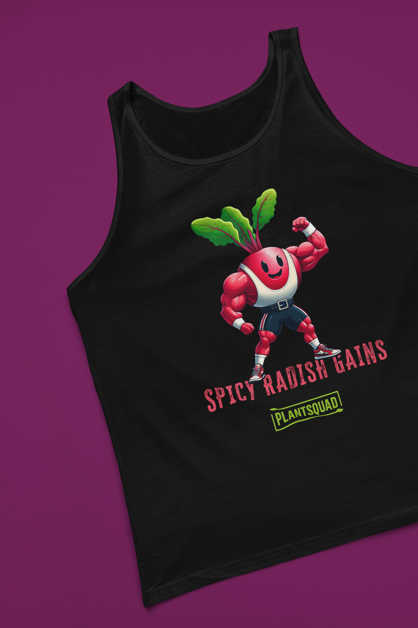 A black tank top featuring a cartoon radish character with muscular arms flexing, smiling, and wearing sneakers. The text "SPICY RADISH GAINS" is printed below the character, celebrating a plant-based lifestyle with "PLANTSQUAD" in a green box beneath the main text. Perfect vegan gym wear! Introducing the Plantsquad Radish "Spicy Radish Gains" - Unisex Tank Top.