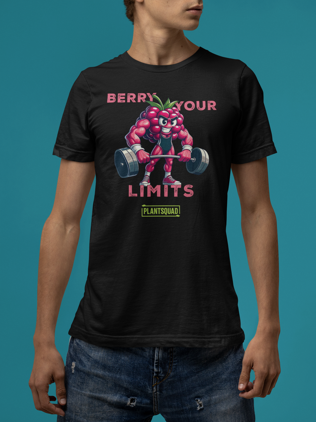 A black t-shirt displays a muscular anthropomorphic berry lifting dumbbells. Above, text reads, "Berry Your Limits," celebrating vegan fitness. At the bottom, the word "PlantSquad" is enclosed in a green box. The berry character is detailed with sneakers and a prominent expression.

Product Name: Plantsquad Raspberry "Berry Your Limits" - Unisex T-Shirt