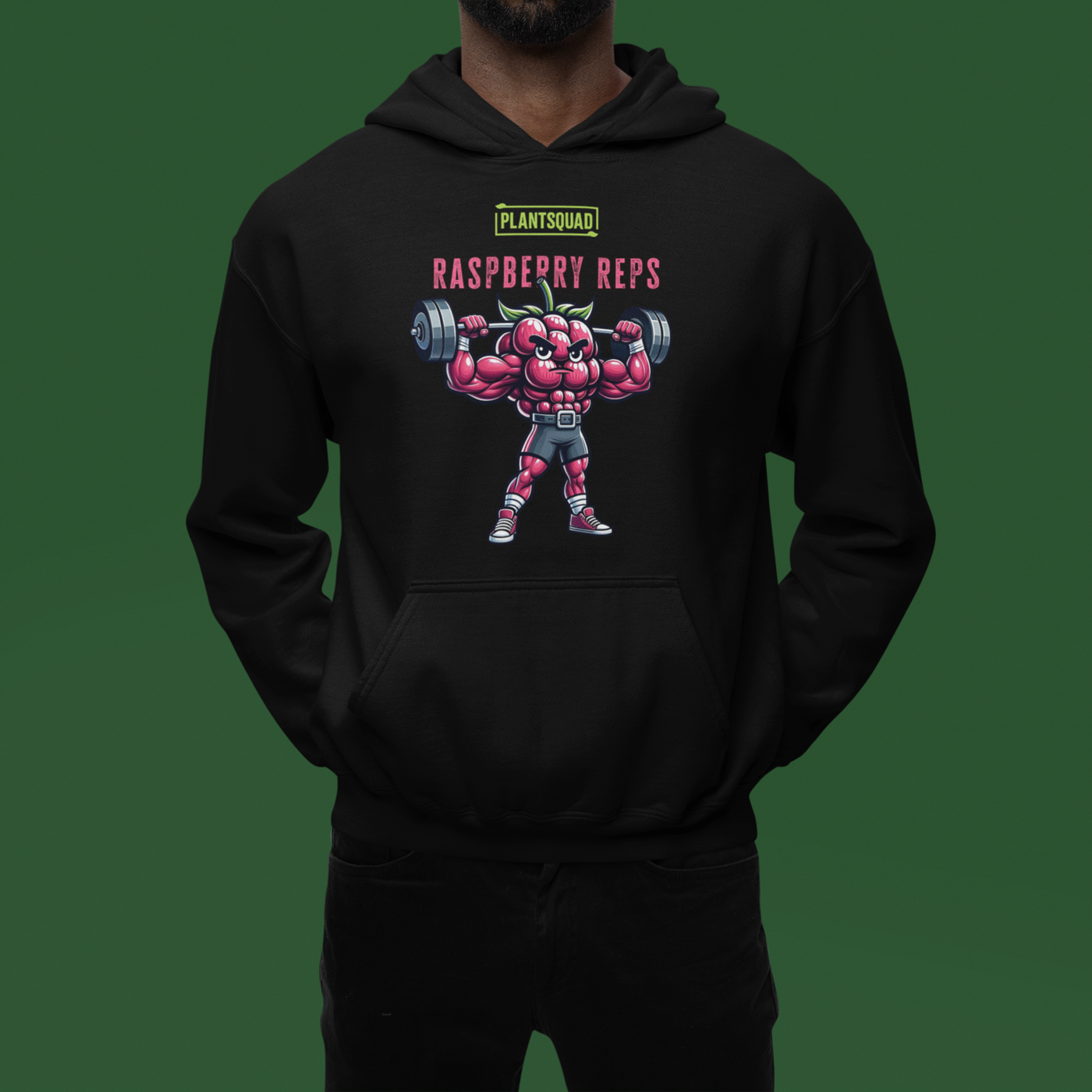 A black weight-lifting Plantsquad Raspberry "Raspberry Reps" - Unisex Hoodie featuring a muscular, animated raspberry character lifting a barbell. The text above the character reads "PLANTSQUAD" and below it says "Raspberry Reps." Perfect for gym enthusiasts embracing a plant-based vegan lifestyle, the design is colorful and playful, emphasizing fitness with a fun, fruity twist.