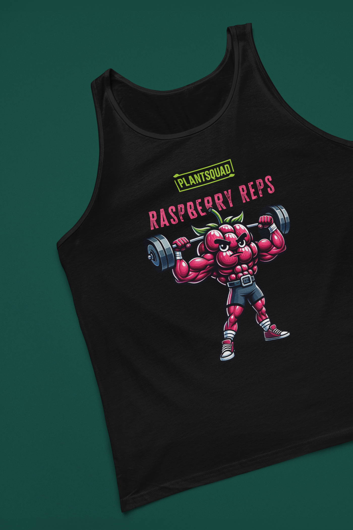 A black Plantsquad Raspberry "Raspberry Reps" - Unisex Tank Top featuring a muscly raspberry character lifting barbells. The character has muscular arms and legs, and is wearing shorts. Above it are the words "PLANTSQUAD" and "Raspberry Reps" in stylized fonts, perfect for fans of vegan fitness apparel.