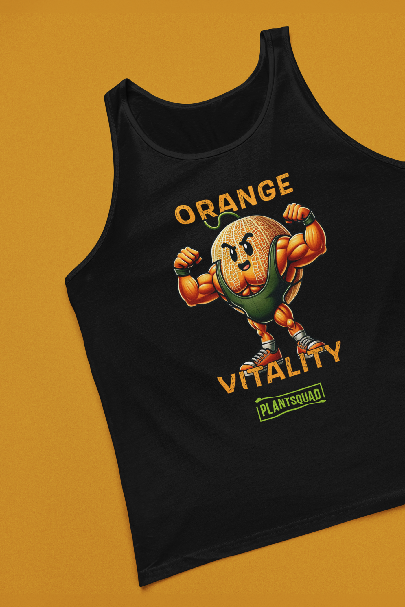 A black tank top featuring an illustrated muscular orange character flexing its arms. Above the character, the text reads "Orange Vitality" in bold orange letters, and below, a green banner with white text reads "PlantSquad." Perfect for gym enthusiasts who appreciate breathable fabric and a vegan lifestyle.

Replace with: The Plantsquad Rockmelon "Orange Vitality" - Unisex Tank Top is perfect for gym enthusiasts who appreciate breathable fabric and a vegan lifestyle.