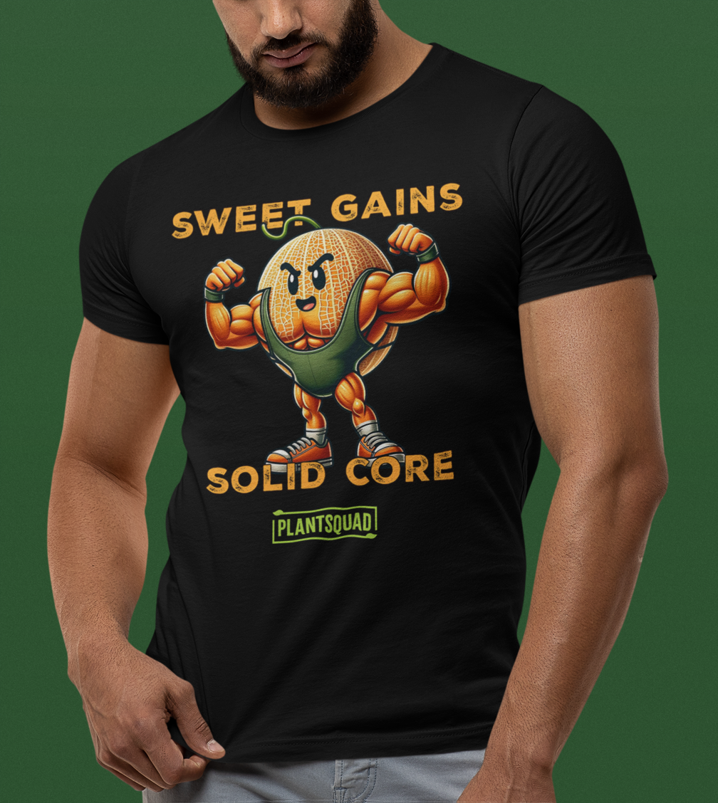 The Plantsquad Rockmelon "Sweet Gains Solid Core" - Unisex T-Shirt features a cartoon image of a muscular cantaloupe flexing its biceps. The text above reads "SWEET GAINS" and below reads "SOLID CORE." Made from breathable fabric, it's perfect for promoting your vegan lifestyle. The word "PLANTSQUAD" is printed at the bottom.