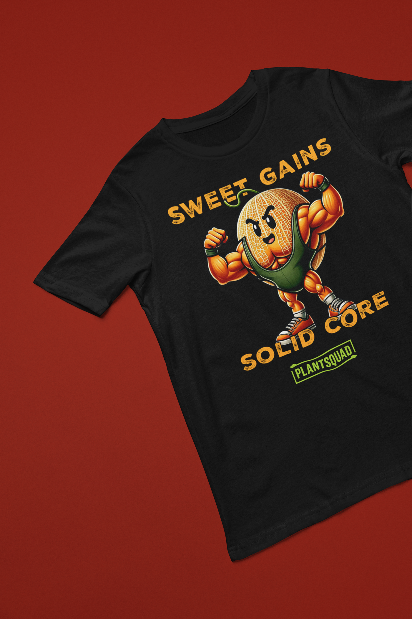 The Plantsquad Rockmelon "Sweet Gains Solid Core" - Unisex T-Shirt features a cartoon image of a muscular cantaloupe flexing its biceps. The text above reads "SWEET GAINS" and below reads "SOLID CORE." Made from breathable fabric, it's perfect for promoting your vegan lifestyle. The word "PLANTSQUAD" is printed at the bottom.