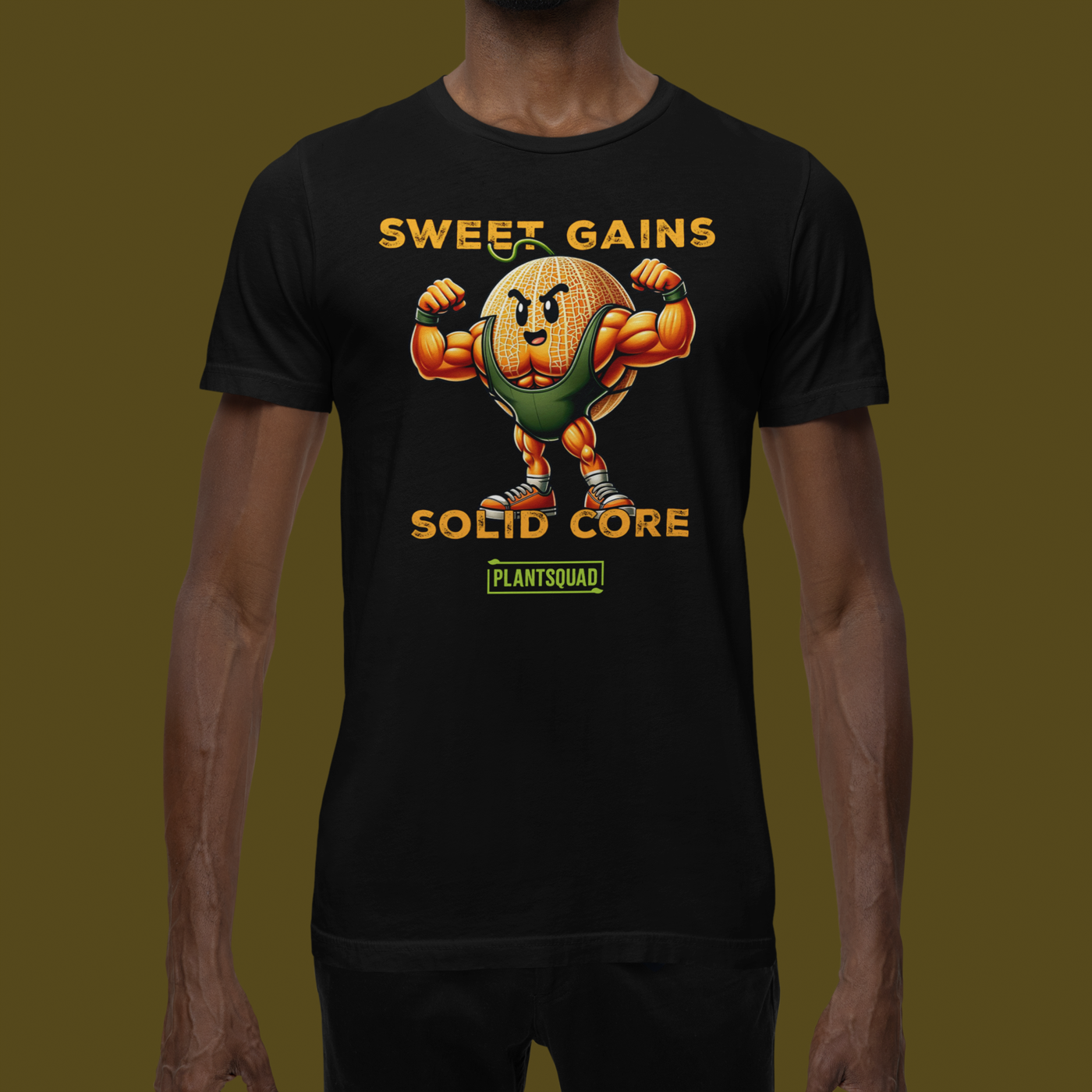 The Plantsquad Rockmelon "Sweet Gains Solid Core" - Unisex T-Shirt features a cartoon image of a muscular cantaloupe flexing its biceps. The text above reads "SWEET GAINS" and below reads "SOLID CORE." Made from breathable fabric, it's perfect for promoting your vegan lifestyle. The word "PLANTSQUAD" is printed at the bottom.