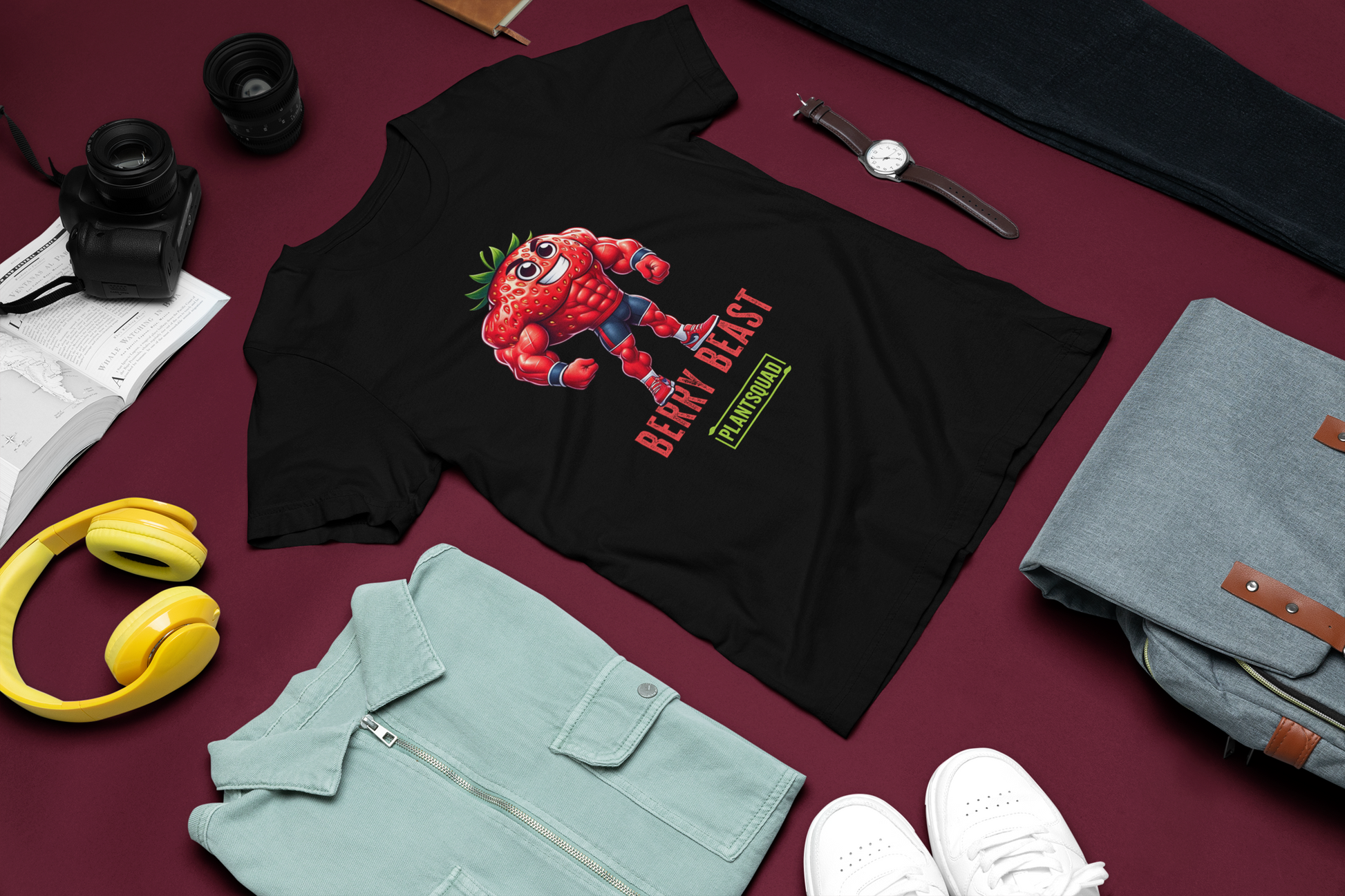 A black T-shirt displays a muscular cartoon strawberry character with arms crossed, wearing sneakers. Perfect for fitness enthusiasts, the design features "BERRY BEAST" in red and "PLANTSQUAD" in green, making it ideal for those embracing a vegan lifestyle. This is the Plantsquad Strawberry "Berry Beast" - Unisex T-Shirt.