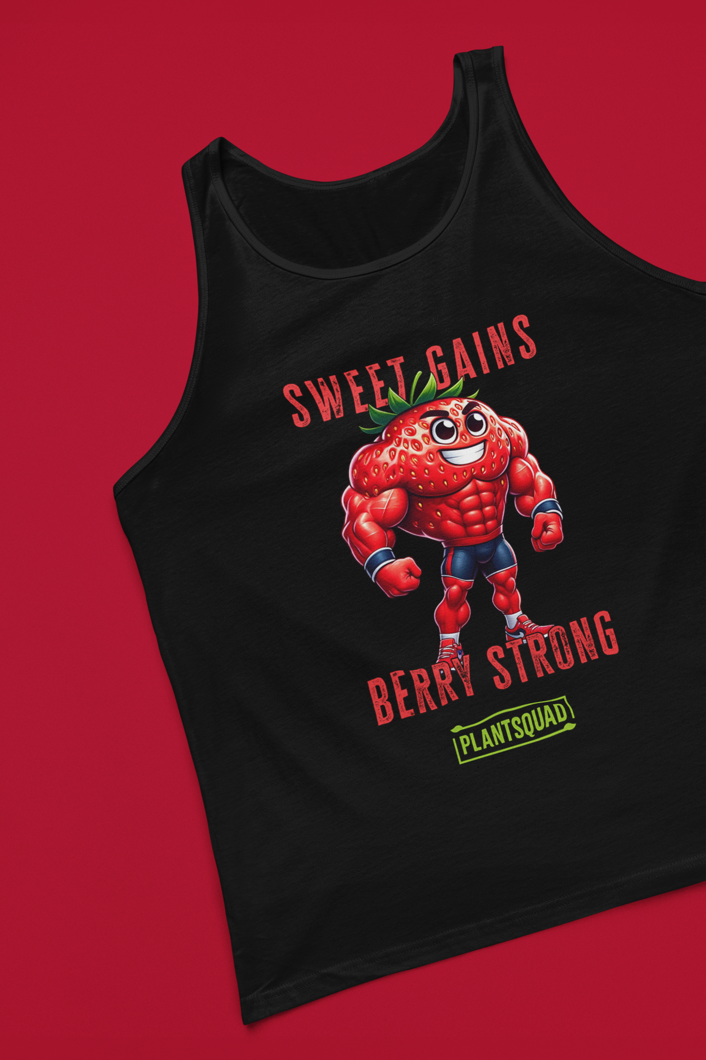 A black Plantsquad Strawberry "Sweet Gains Berry Strong" - Unisex Tank Top featuring a muscular, anthropomorphic strawberry character flexing. Above the strawberry, text reads "Sweet Gains," and below it, "Berry Strong." At the bottom, a green logo with the text "Plantsquad." Perfect for showcasing your plant-based lifestyle in the gym.