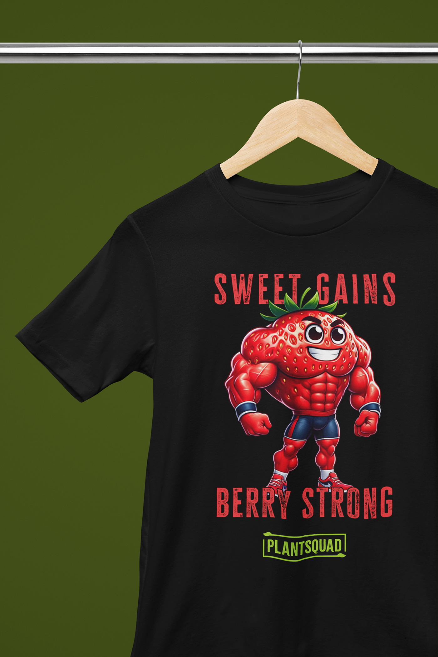 A black fitness T-shirt featuring a cartoon muscular strawberry in a superhero pose. Above the strawberry, the text reads "SWEET GAINS," and below it, "BERRY STRONG." Perfect for those embracing a vegan lifestyle, it sports a green logo with the word "PLANTSQUAD" at the bottom is called **Plantsquad Strawberry "Sweet Gains Berry Strong" - Unisex T-Shirt**.