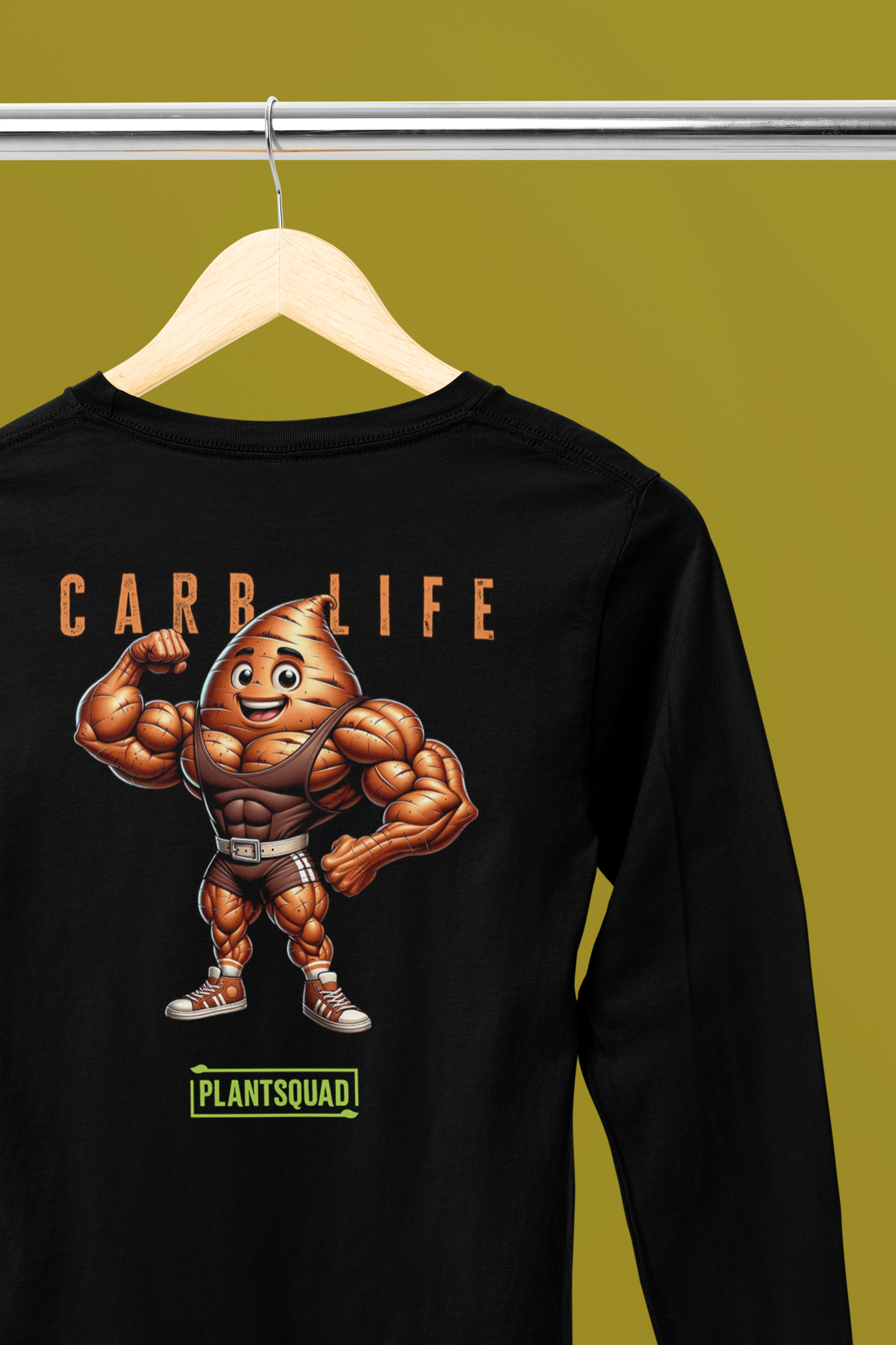 Plantsquad Sweet Potato "Carb Life" - Unisex Long Sleeve T-Shirt showcasing a muscular cartoon potato flexing its biceps, with the text "CARB LIFE" above and "PLANTSQUAD" below—perfect for fitness enthusiasts embracing the vegan lifestyle.