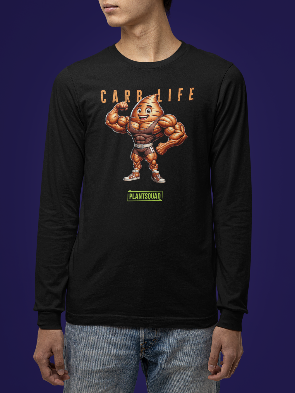 Plantsquad Sweet Potato "Carb Life" - Unisex Long Sleeve T-Shirt showcasing a muscular cartoon potato flexing its biceps, with the text "CARB LIFE" above and "PLANTSQUAD" below—perfect for fitness enthusiasts embracing the vegan lifestyle.