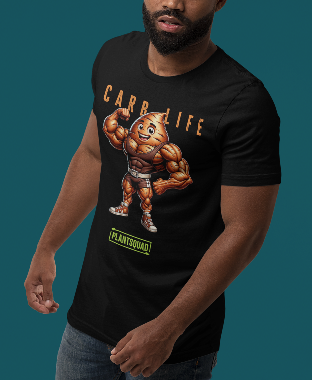 Plantsquad Sweet Potato "Carb Life" - Unisex T-Shirt featuring a muscular, flexing potato character with a smiley face. Above the character, text reads "CARB LIFE" in bold letters. Below the character, the word "PLANTSQUAD" appears in a green banner. Perfect for those embracing a plant based lifestyle and looking for unique fitness clothing.