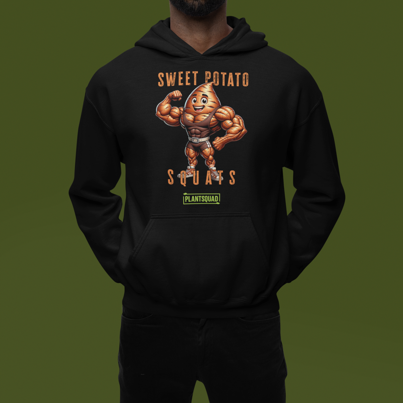 A black Plantsquad Sweet Potato "Sweet Potato Squats" - Unisex Hoodie featuring a muscular anthropomorphic sweet potato flexing its arms. The text above reads "Sweet Potato Squats" and below reads "Plantsquad." The sweet potato character is smiling, wearing a weightlifting belt, and the cozy fabric makes it perfect for anyone embracing the vegan lifestyle.