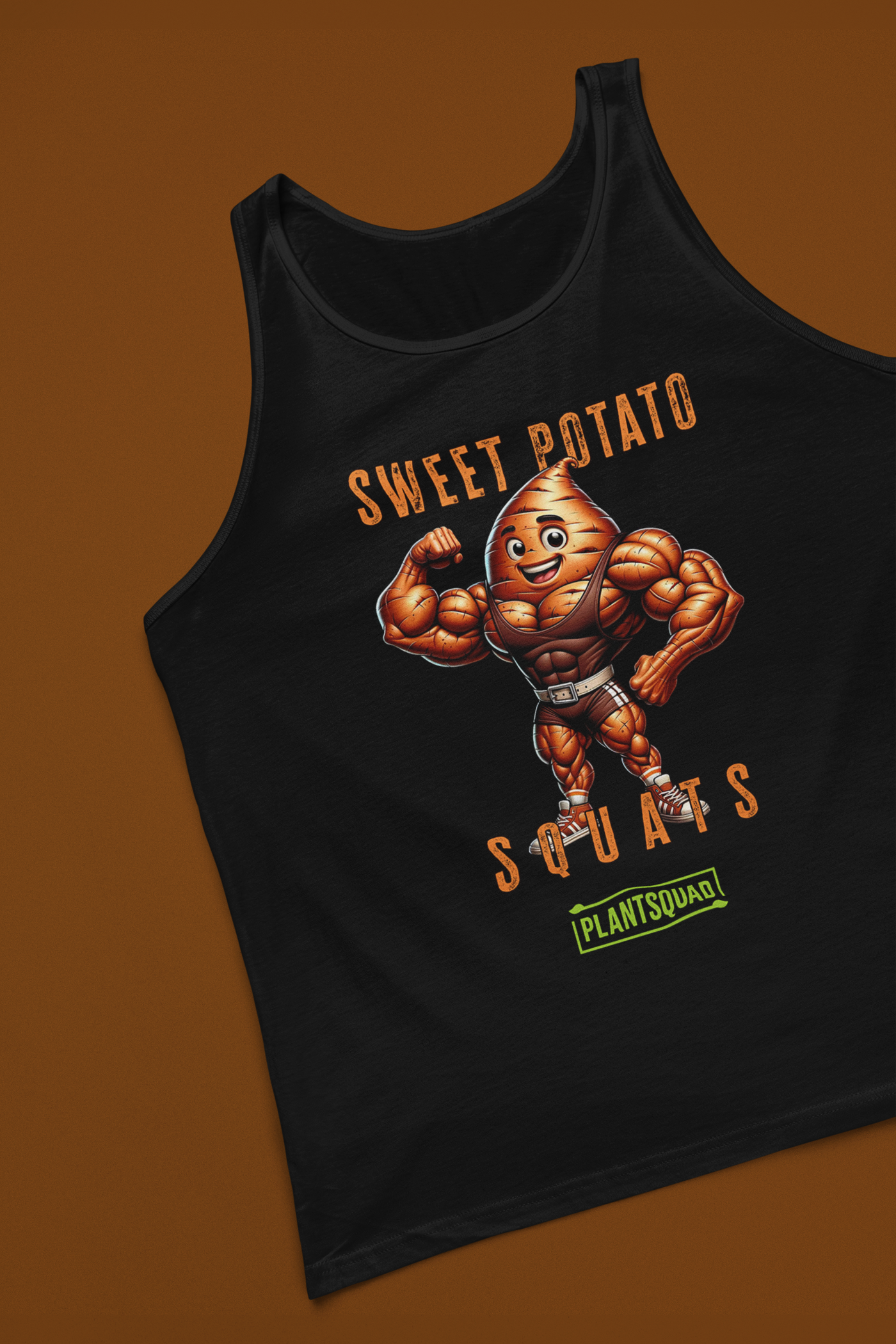 The Plantsquad Sweet Potato "Sweet Potato Squats" - Unisex Tank Top is a black vegan gym tank top featuring an illustration of a muscular anthropomorphic sweet potato flexing its arms. Above it, the text says "Sweet Potato Squats" and below it, a small green banner says "PlantSquad." Perfect for showcasing your plant-based lifestyle at the gym!