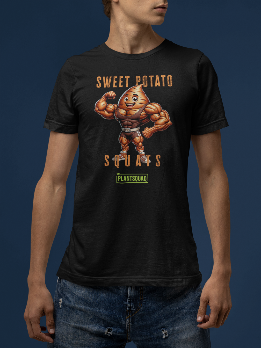 A Plantsquad Sweet Potato "Sweet Potato Squats" - Unisex T-Shirt featuring a muscular cartoon sweet potato character flexing its biceps. The text above the character reads "Sweet Potato" and below it reads "Squats." There is a green logo at the bottom with the text "PLANTSQUAD." Perfect for vegan fitness enthusiasts embracing a plant-based lifestyle.