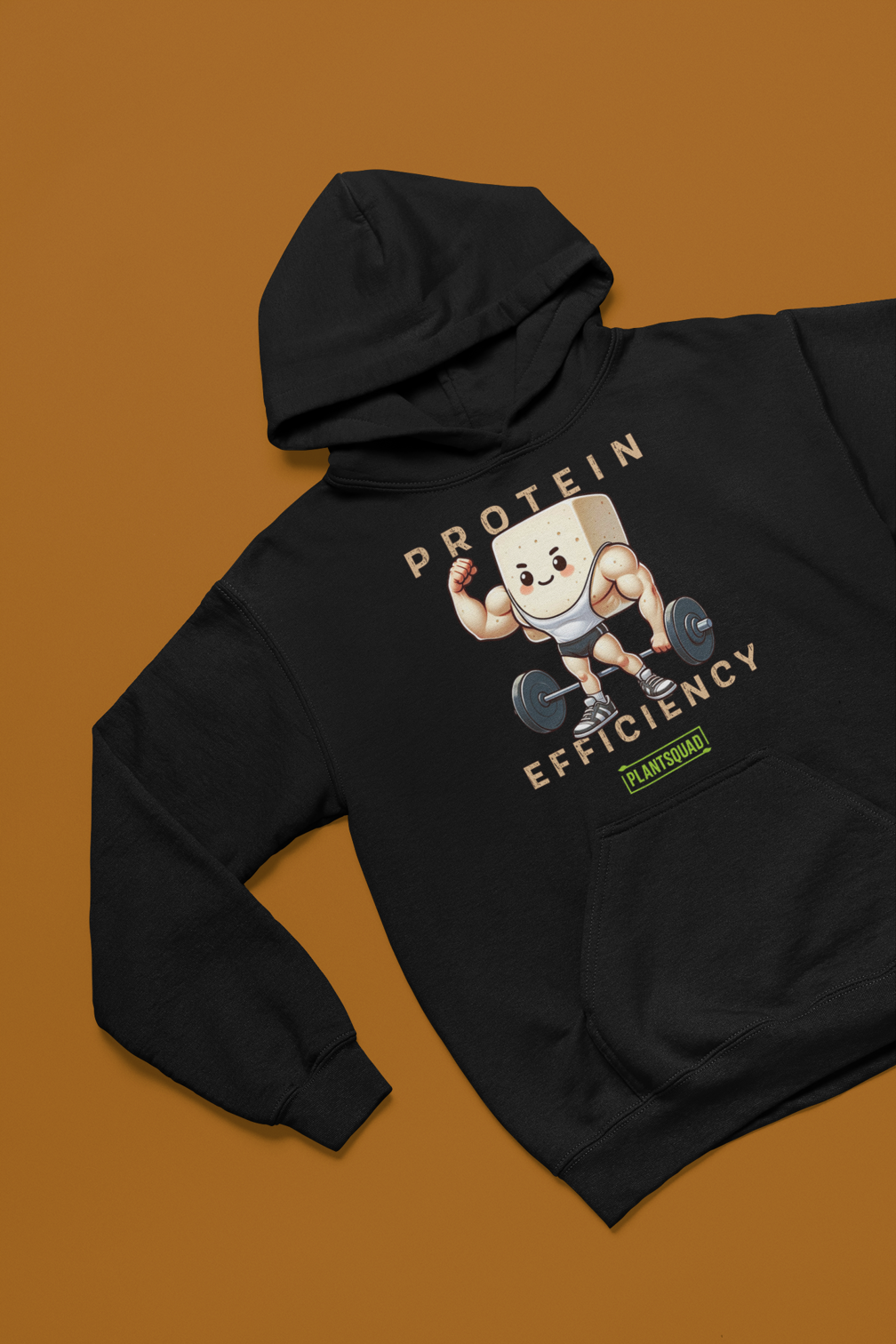 This Plantsquad Tofu "Protein Efficiency" - Unisex Hoodie features an illustration of a muscular cartoon tofu character lifting a barbell, celebrating the vegan lifestyle. The text above and below reads "PROTEIN EFFICIENCY." Below the illustration, there's a small logo that says "PLANTSQUAD.