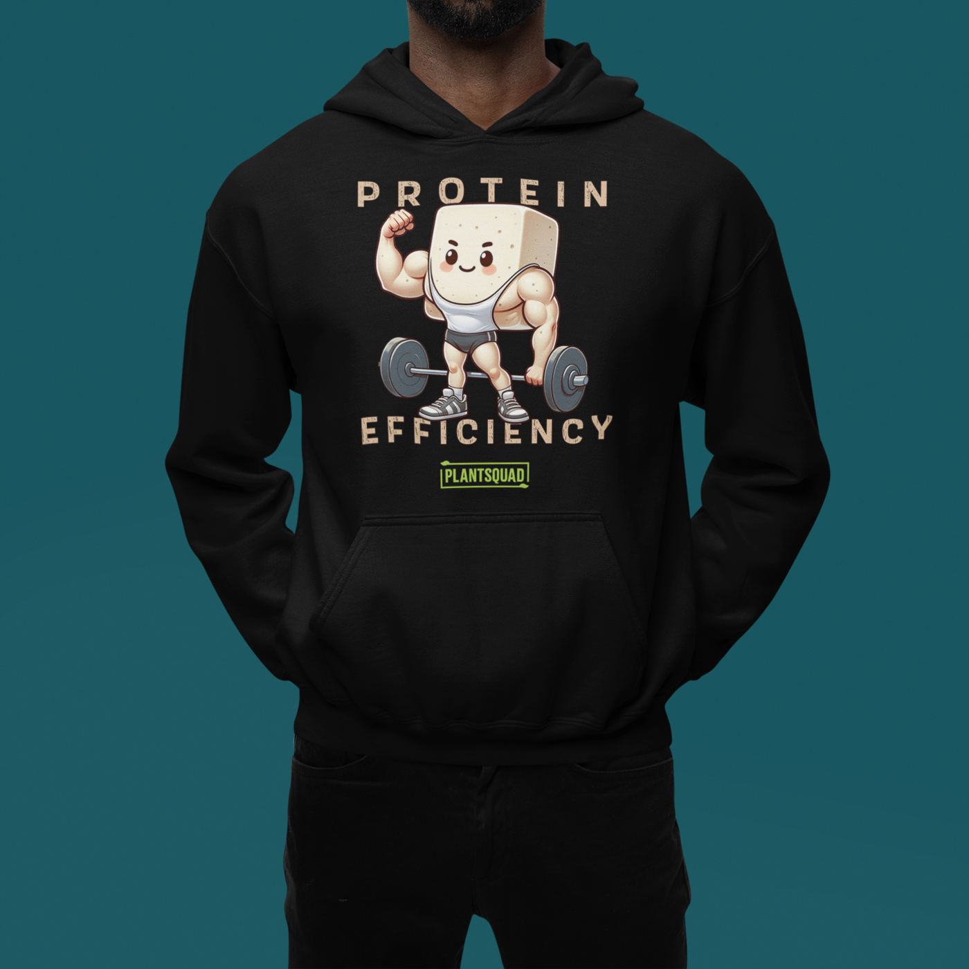 This Plantsquad Tofu "Protein Efficiency" - Unisex Hoodie features an illustration of a muscular cartoon tofu character lifting a barbell, celebrating the vegan lifestyle. The text above and below reads "PROTEIN EFFICIENCY." Below the illustration, there's a small logo that says "PLANTSQUAD.