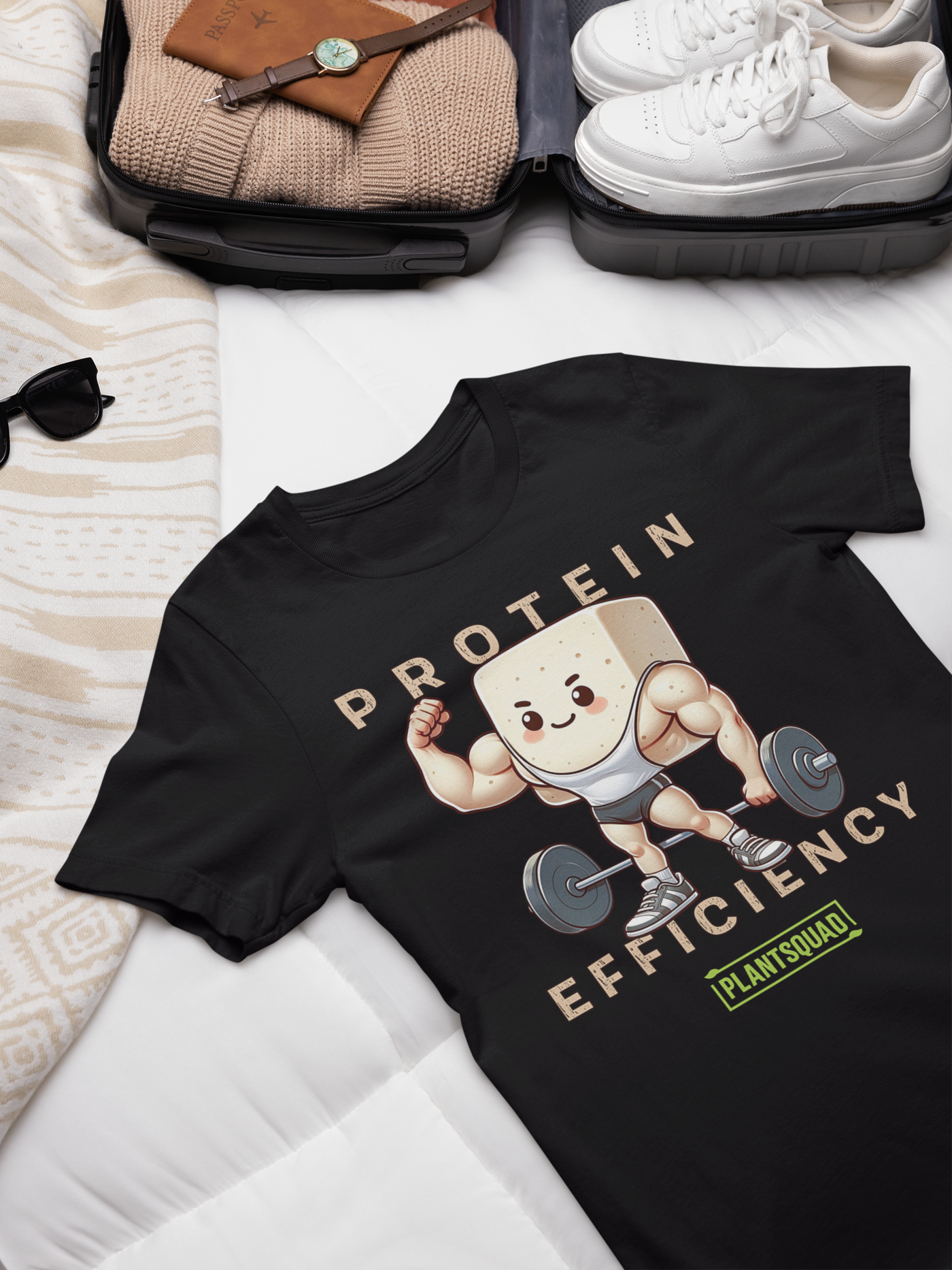 The Plantsquad Tofu "Protein Efficiency" - Unisex T-Shirt features a muscly tofu design with arms, legs, and a headband, lifting a barbell. The text above and below the character reads "PROTEIN EFFICIENCY." The phrase "Plant Squad" is printed below the illustration, perfect for those embracing a vegan fitness journey.