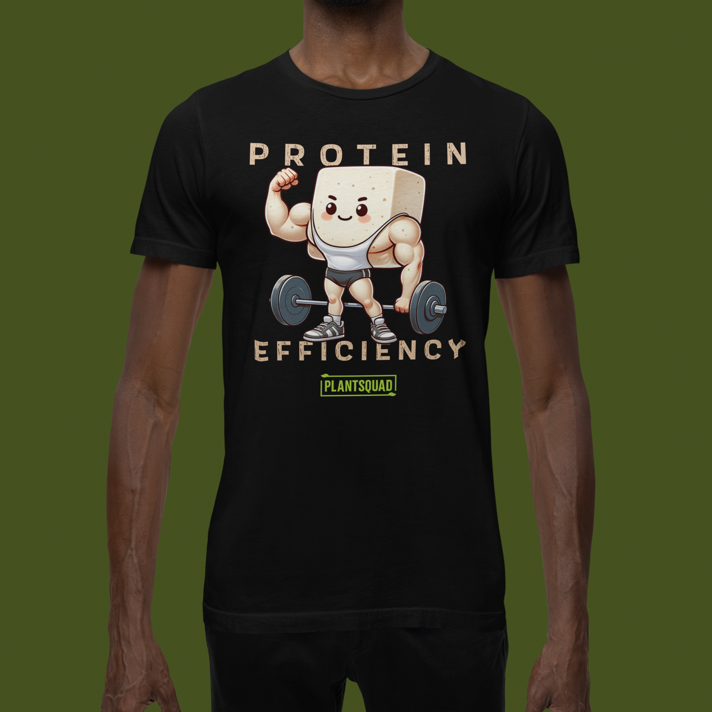 The Plantsquad Tofu "Protein Efficiency" - Unisex T-Shirt features a muscly tofu design with arms, legs, and a headband, lifting a barbell. The text above and below the character reads "PROTEIN EFFICIENCY." The phrase "Plant Squad" is printed below the illustration, perfect for those embracing a vegan fitness journey.