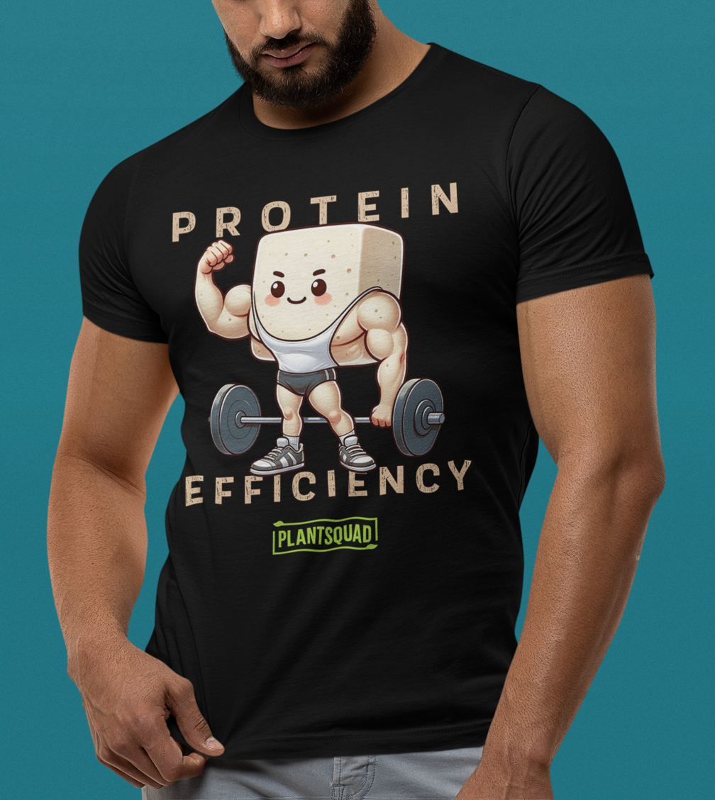 The Plantsquad Tofu "Protein Efficiency" - Unisex T-Shirt features a muscly tofu design with arms, legs, and a headband, lifting a barbell. The text above and below the character reads "PROTEIN EFFICIENCY." The phrase "Plant Squad" is printed below the illustration, perfect for those embracing a vegan fitness journey.